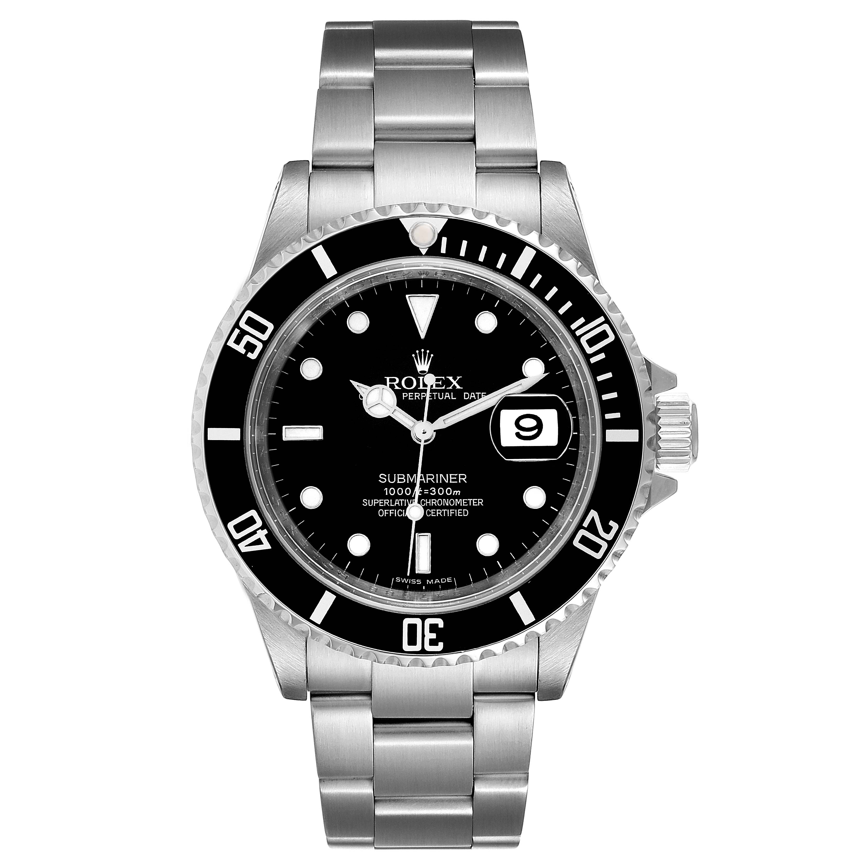 The image shows a front view of a Rolex Submariner 16610 Men
s Stainless Steel Black Dial 16610 Men
s Stainless Steel Black Dial watch, displaying its dial, bezel, and bracelet.