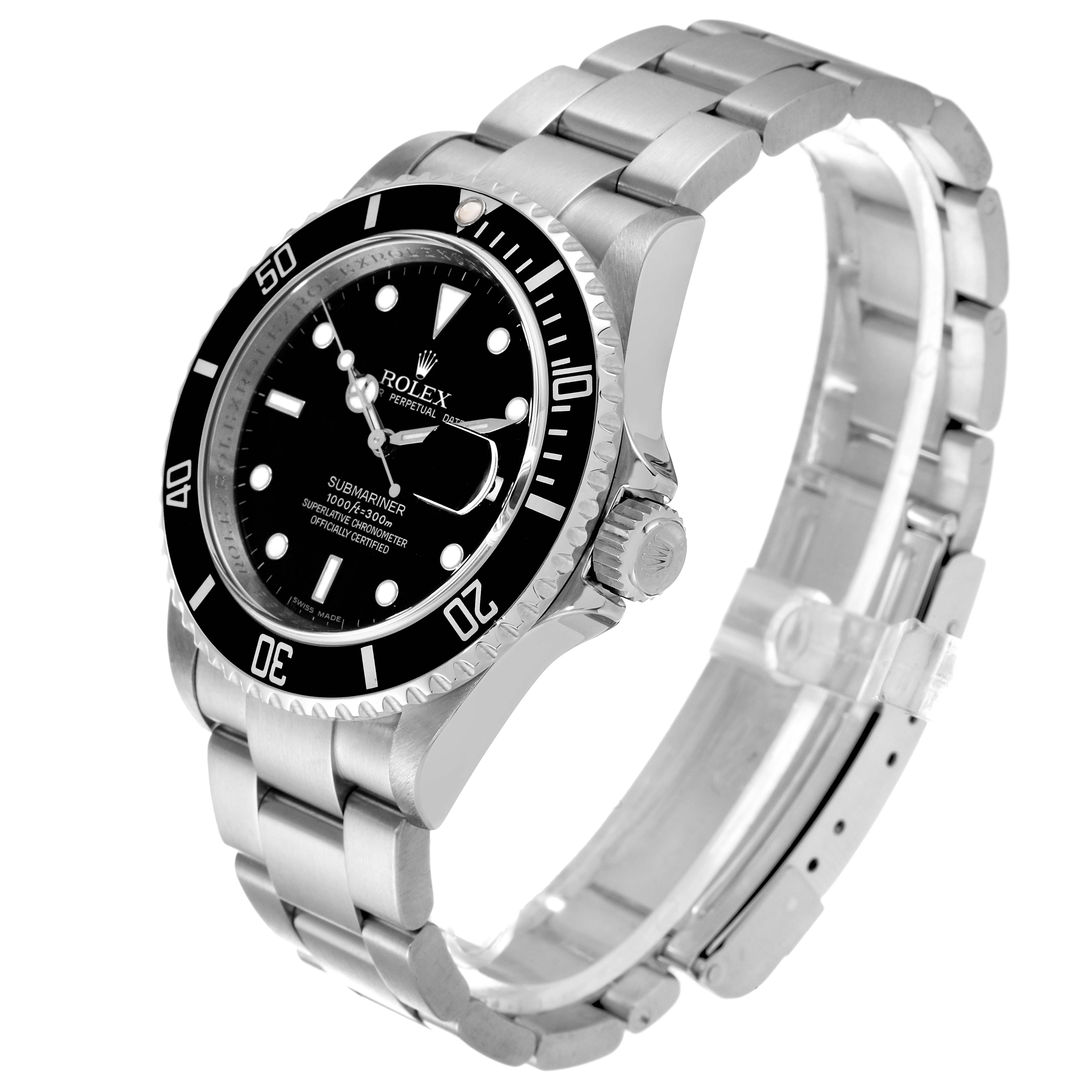 The image shows a side-angle view of a Rolex Submariner 16610 Men
s Stainless Steel Black Dial 16610 Men
s Stainless Steel Black Dial watch, highlighting its black dial, bezel, and metal bracelet.
