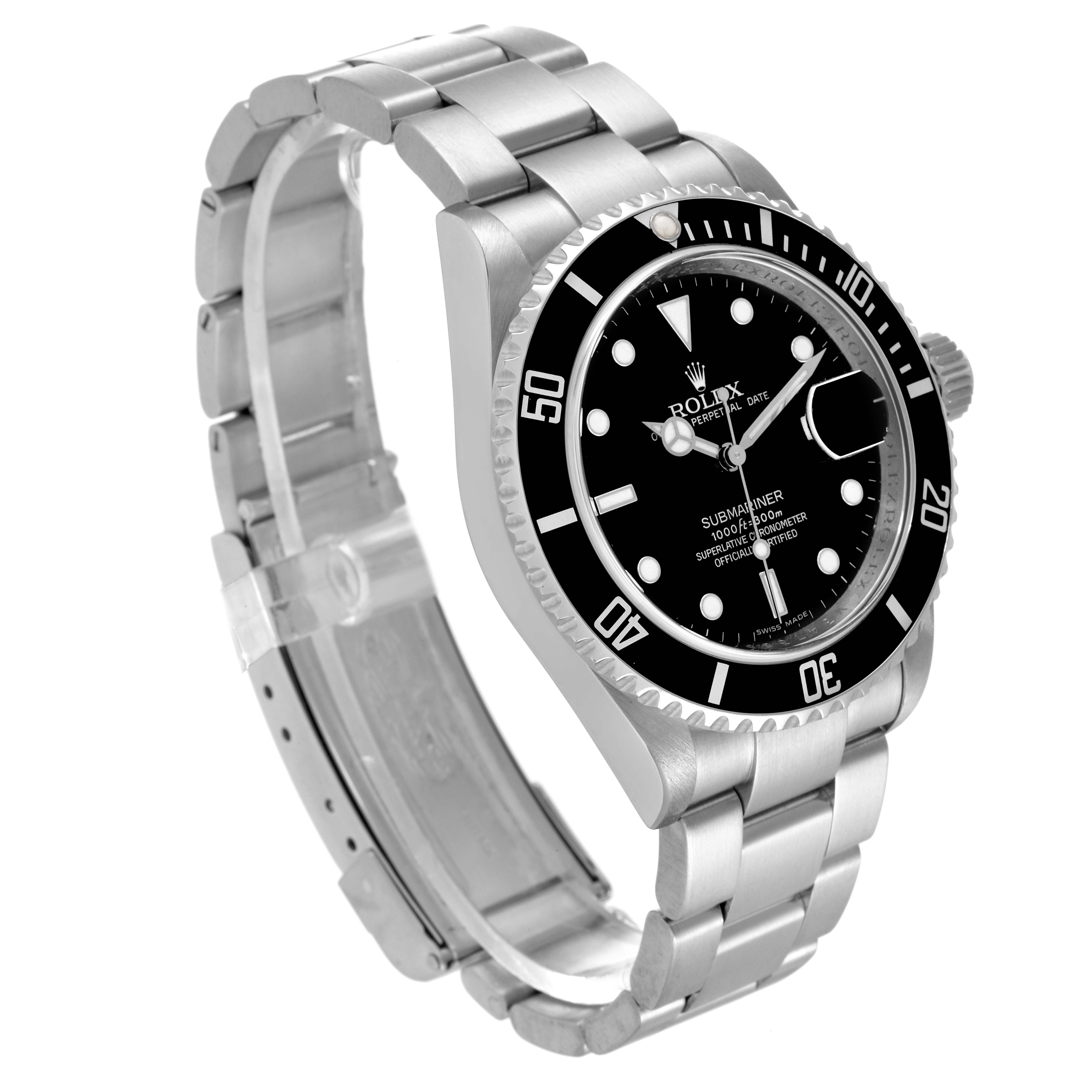 The image shows a Rolex Submariner 16610 Men
s Stainless Steel Black Dial 16610 Men
s Stainless Steel Black Dial watch at a three-quarter angle, highlighting the face, bezel, crown, and bracelet.