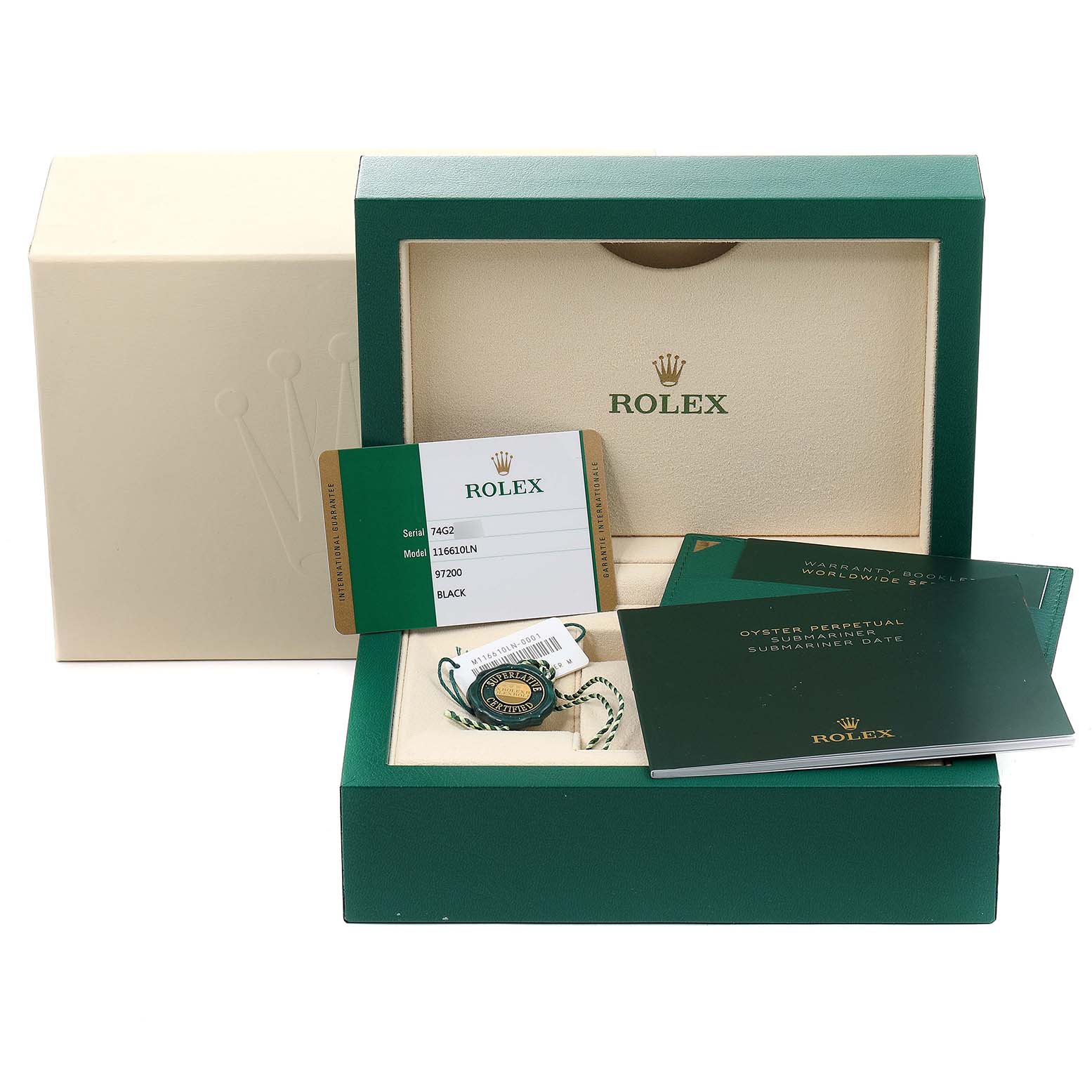 The image shows the open box of a Rolex Submariner 116610 Men
s Stainless Steel Black Dial 116610 Men
s Stainless Steel Black Dial, with warranty cards, booklet, and tags.