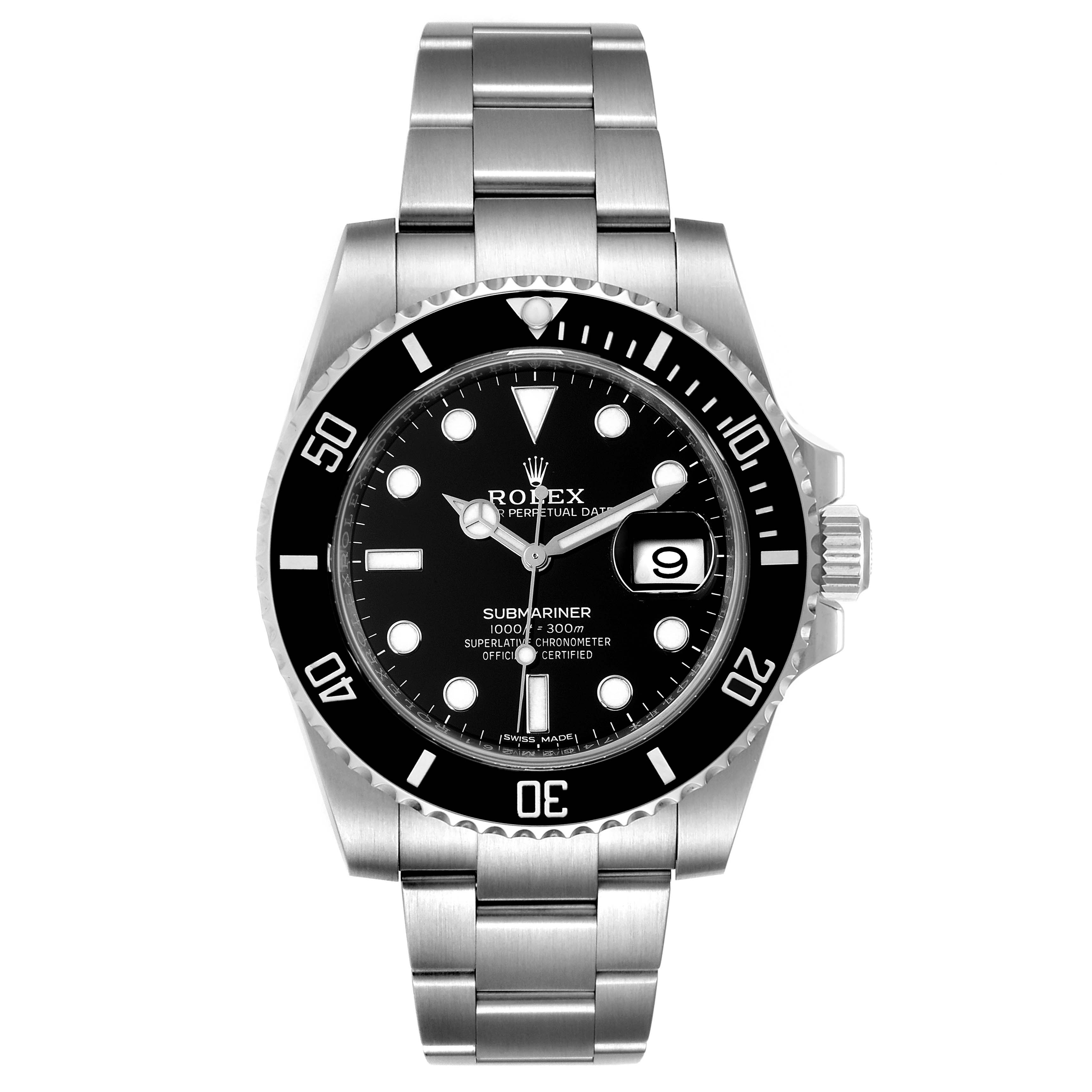 The Rolex Submariner 116610 Men
s Stainless Steel Black Dial 116610 Men
s Stainless Steel Black Dial watch is shown from a straight-on angle, highlighting its black dial, bezel, date window, and stainless steel bracelet.