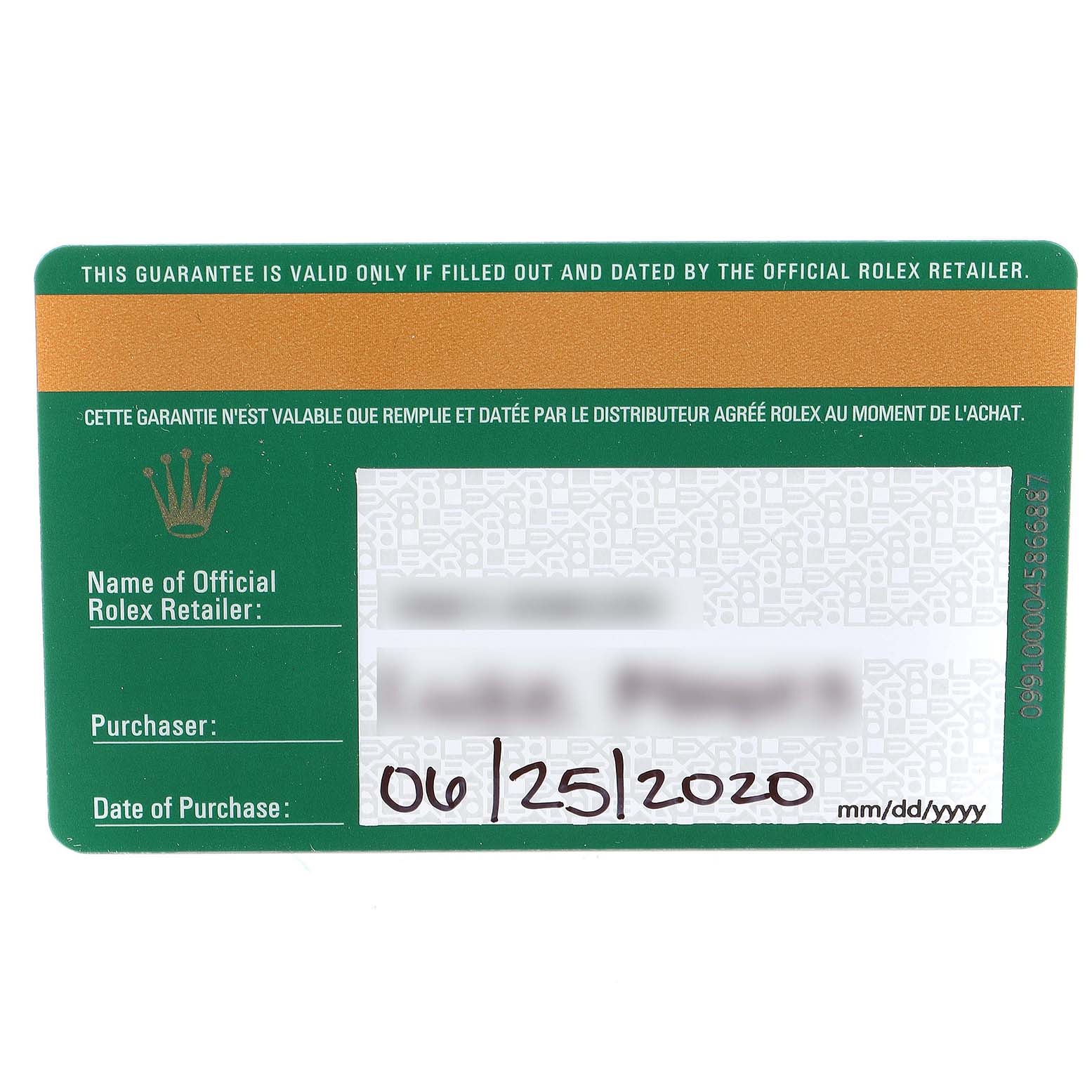 This image shows the warranty card for a Rolex Submariner 116610 Men
s Stainless Steel Black Dial 116610 Men
s Stainless Steel Black Dial watch.