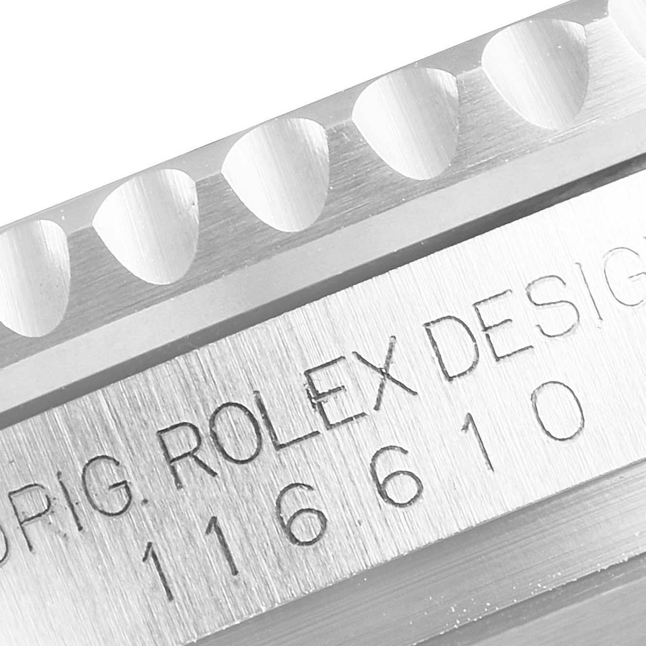 This image shows a close-up of the bezel and engraving of a Rolex Submariner 116610 Men
s Stainless Steel Black Dial 116610 Men
s Stainless Steel Black Dial watch.