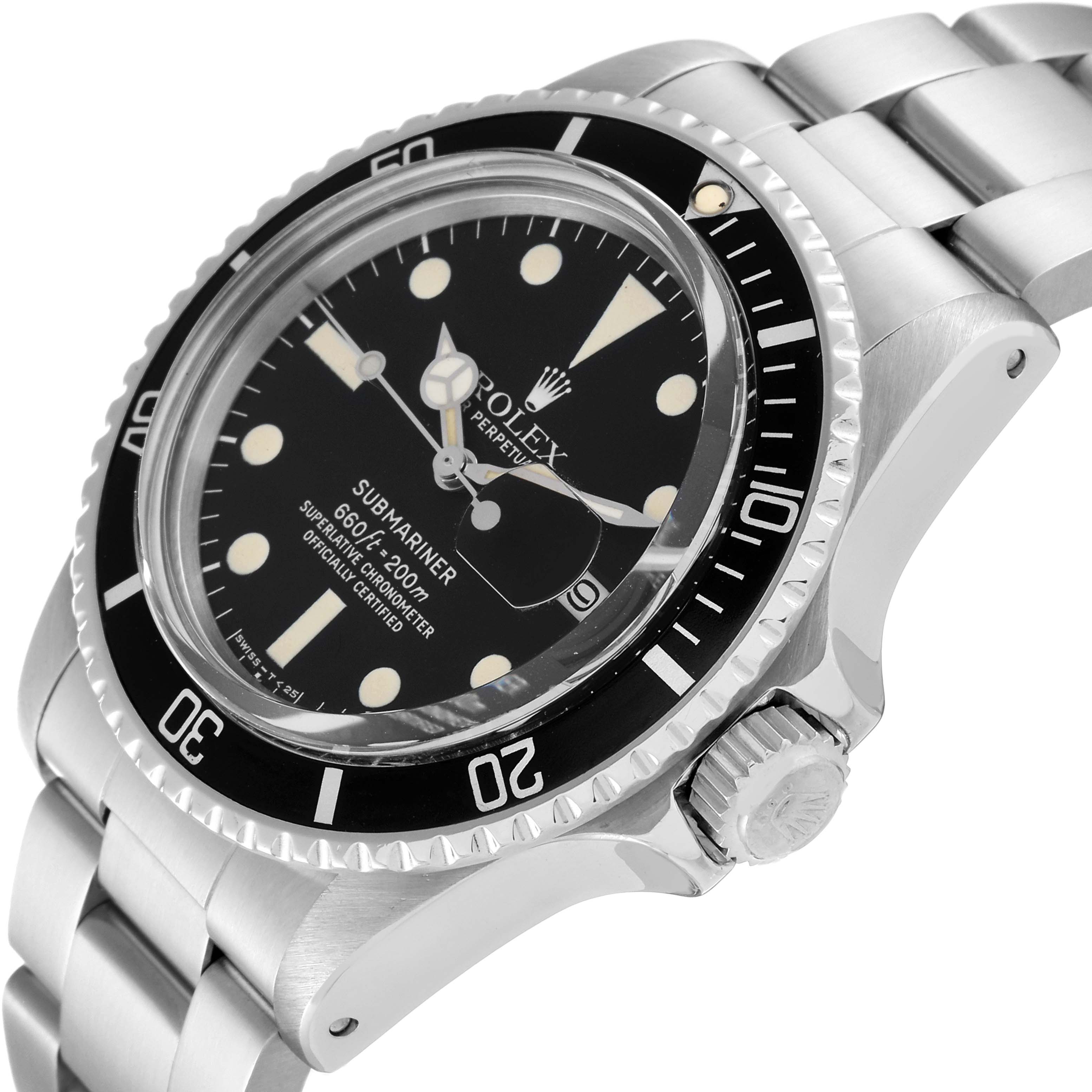The Rolex Vintage Collection 1680 Men's Stainless Steel Black Dial 1680 Men's Stainless Steel Black Dial Submariner watch is shown at an angled side view, highlighting its bezel, dial, and bracelet.