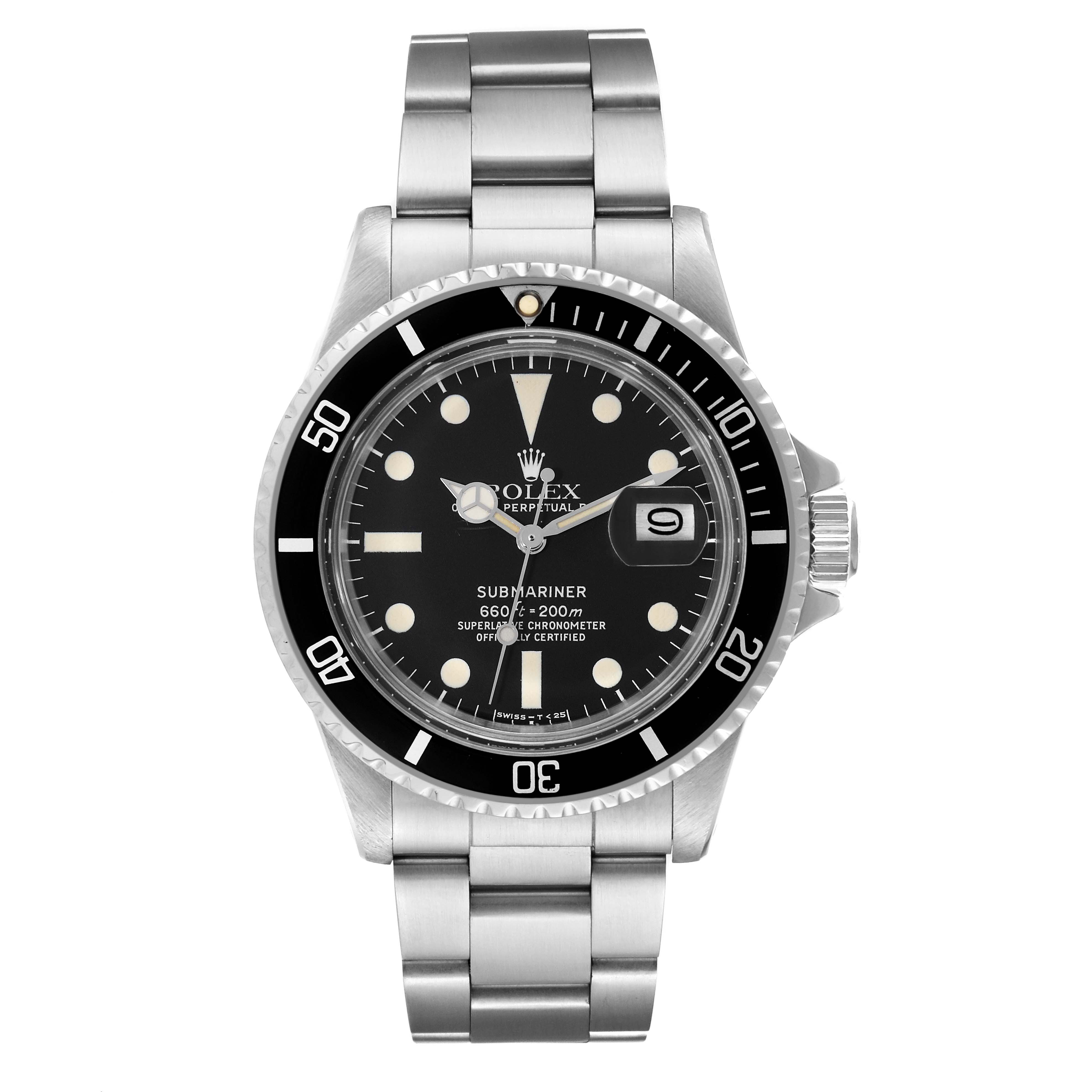 This Rolex Vintage Collection 1680 Men's Stainless Steel Black Dial 1680 Men's Stainless Steel Black Dial Submariner watch is shown from the front, displaying its bezel, dial, bracelet, and crown.