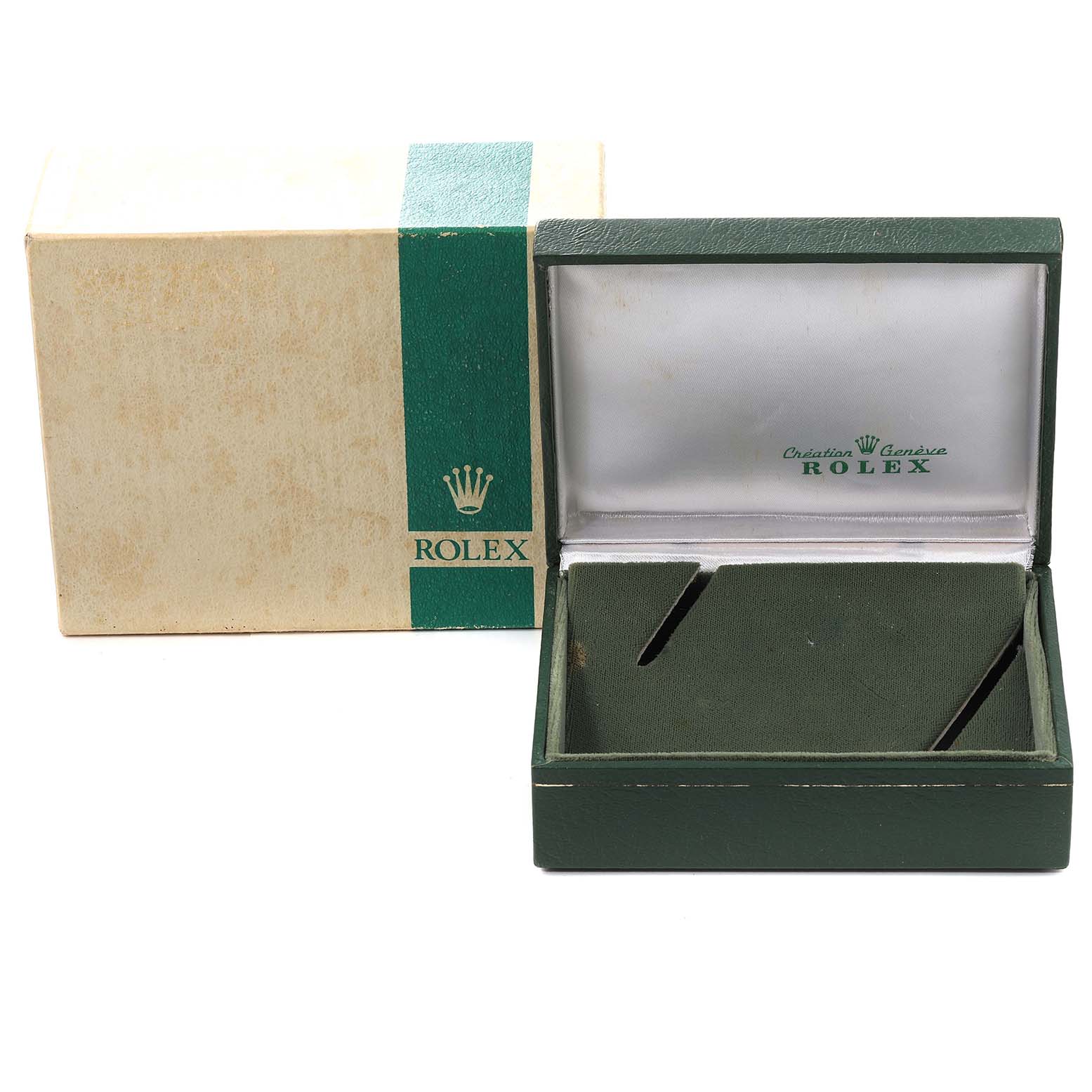 This image shows an open Rolex Vintage Collection 1680 Men's Stainless Steel Black Dial 1680 Men's Stainless Steel Black Dial watch box and its outer cardboard packaging.