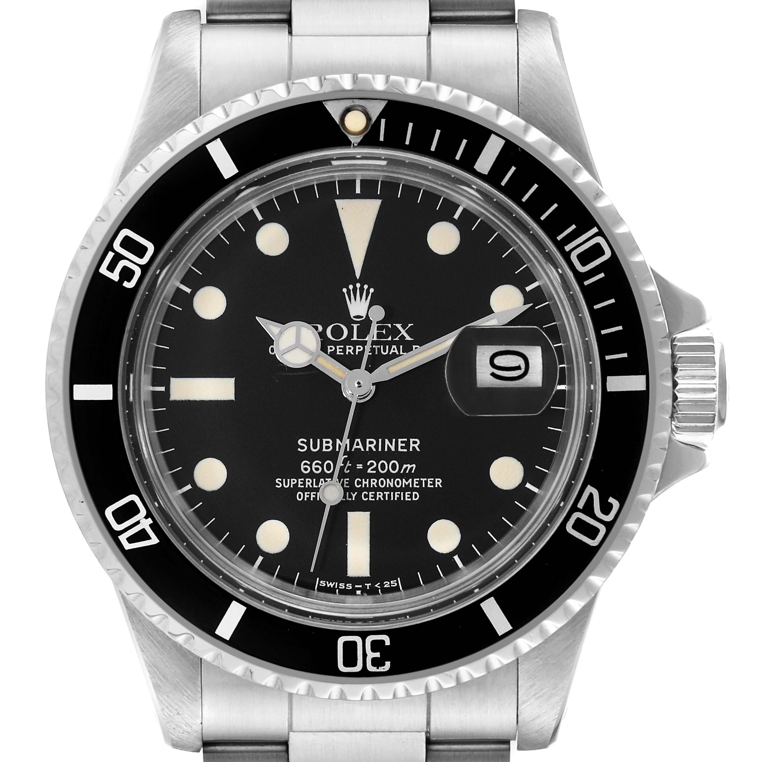 The image shows a front view of a Rolex Vintage Collection 1680 Men's Stainless Steel Black Dial 1680 Men's Stainless Steel Black Dial Submariner watch, displaying the dial, bezel, and part of the bracelet.