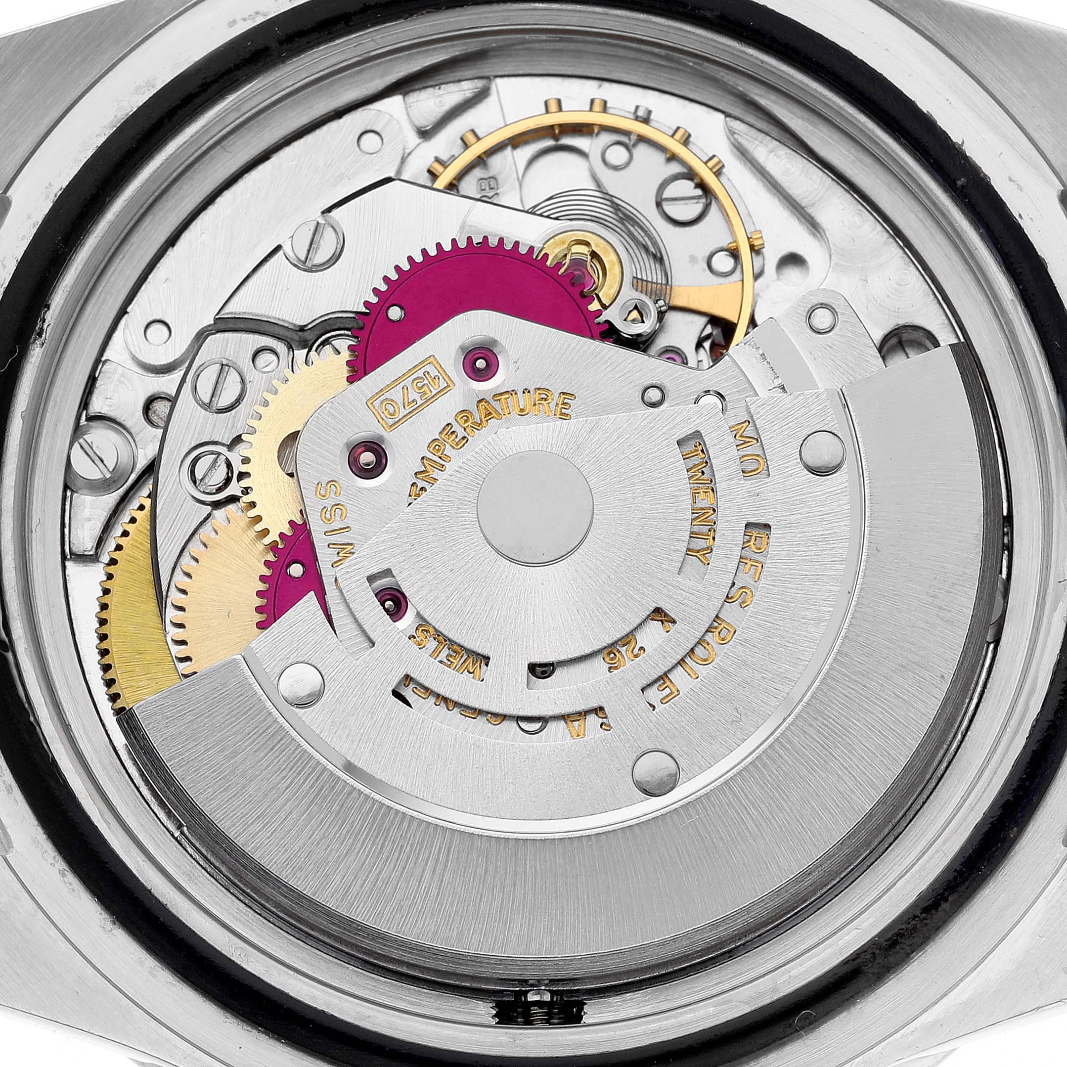 This image shows the internal mechanism of a Rolex Vintage Collection 1680 Men's Stainless Steel Black Dial 1680 Men's Stainless Steel Black Dial watch from a rear angle.