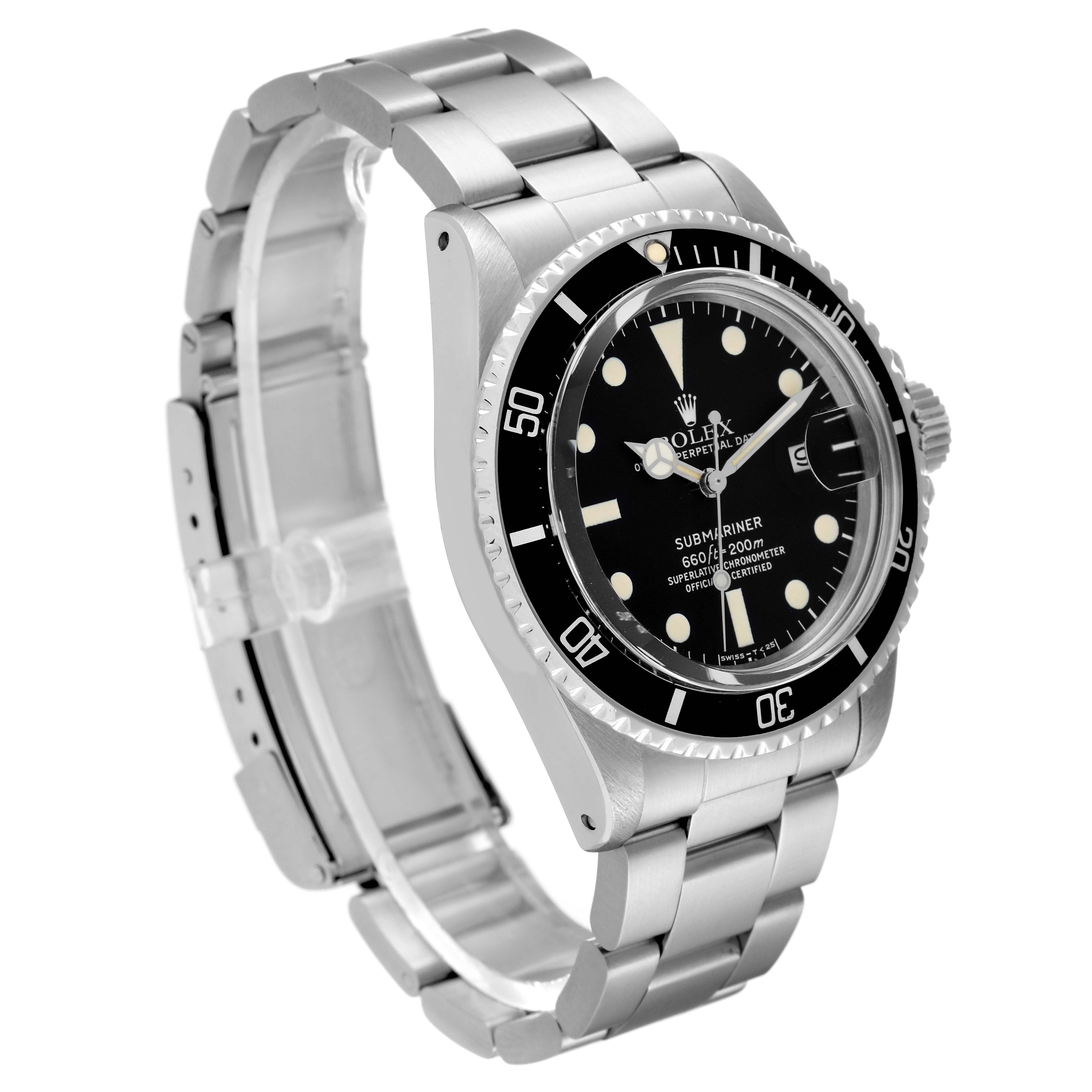 The Rolex Vintage Collection 1680 Men's Stainless Steel Black Dial 1680 Men's Stainless Steel Black Dial watch is shown at a slight angle, displaying its stainless steel case, bracelet, and black dial with markings.