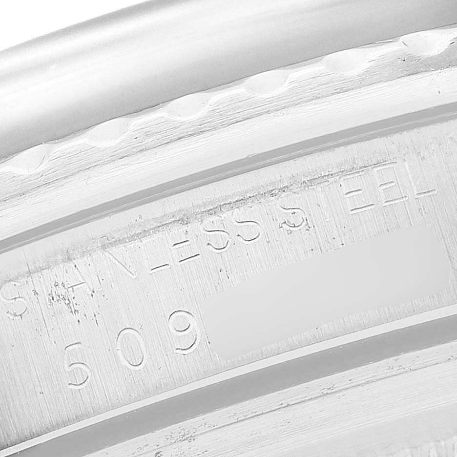 The image shows a close-up of the case back edge and serial number area of a Rolex Vintage Collection 1680 Men's Stainless Steel Black Dial 1680 Men's Stainless Steel Black Dial watch.