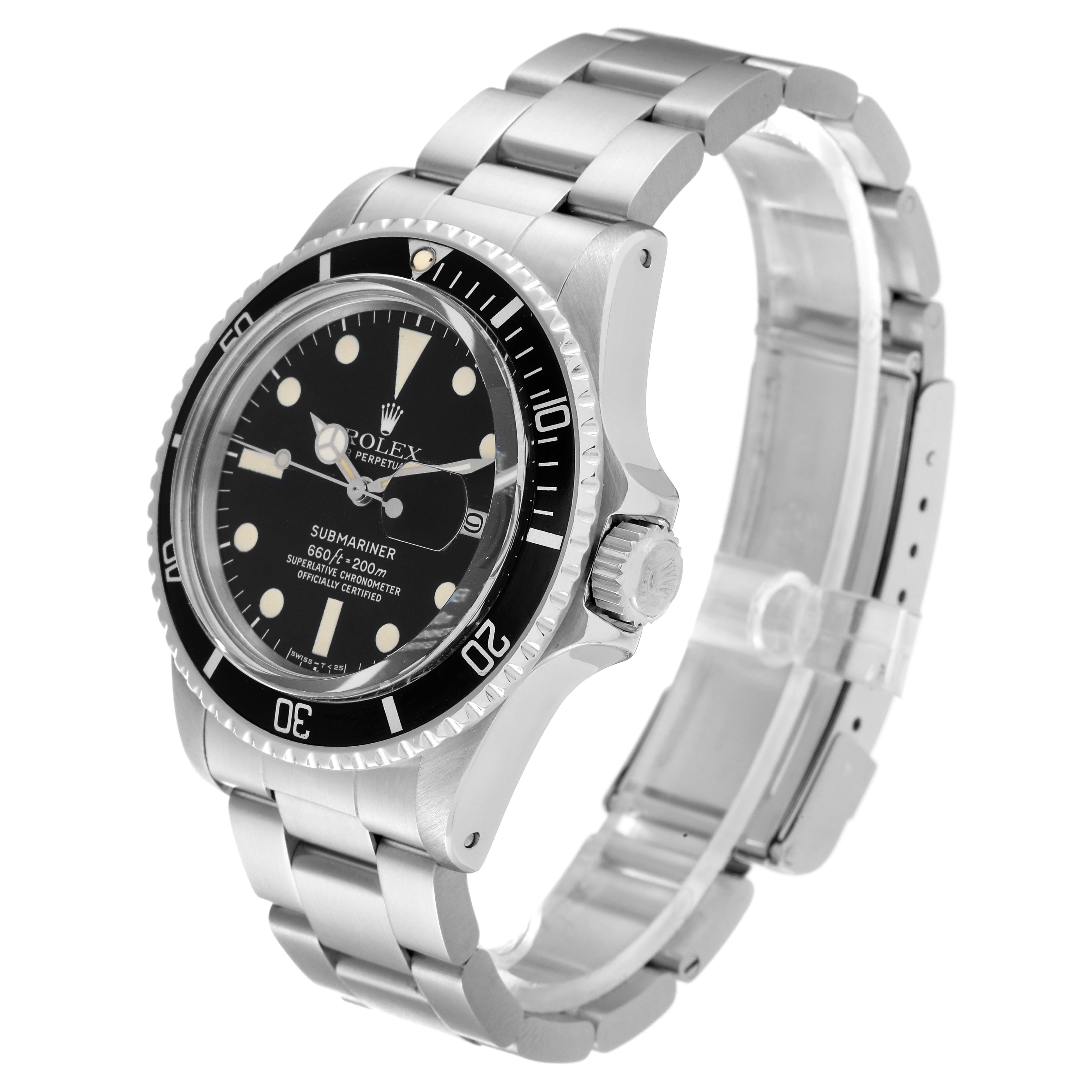 The Rolex Vintage Collection 1680 Men's Stainless Steel Black Dial 1680 Men's Stainless Steel Black Dial Submariner watch is shown from a three-quarter angle, highlighting its face, bezel, and bracelet.