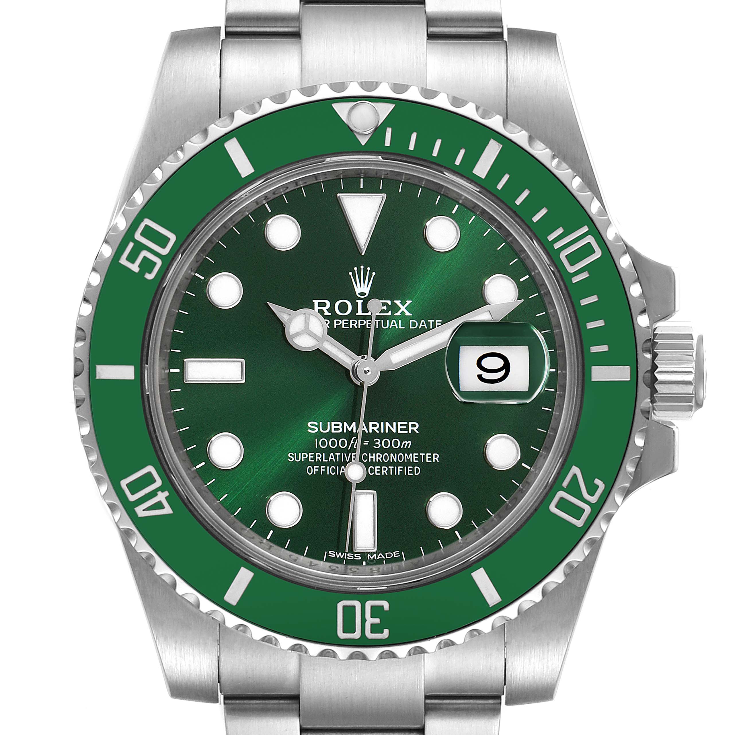The image shows a front view of a Rolex Submariner 116610LV Men
s Stainless Steel Green Dial 116610LV Men
s Stainless Steel Green Dial watch, displaying its green bezel, dial, and date window.