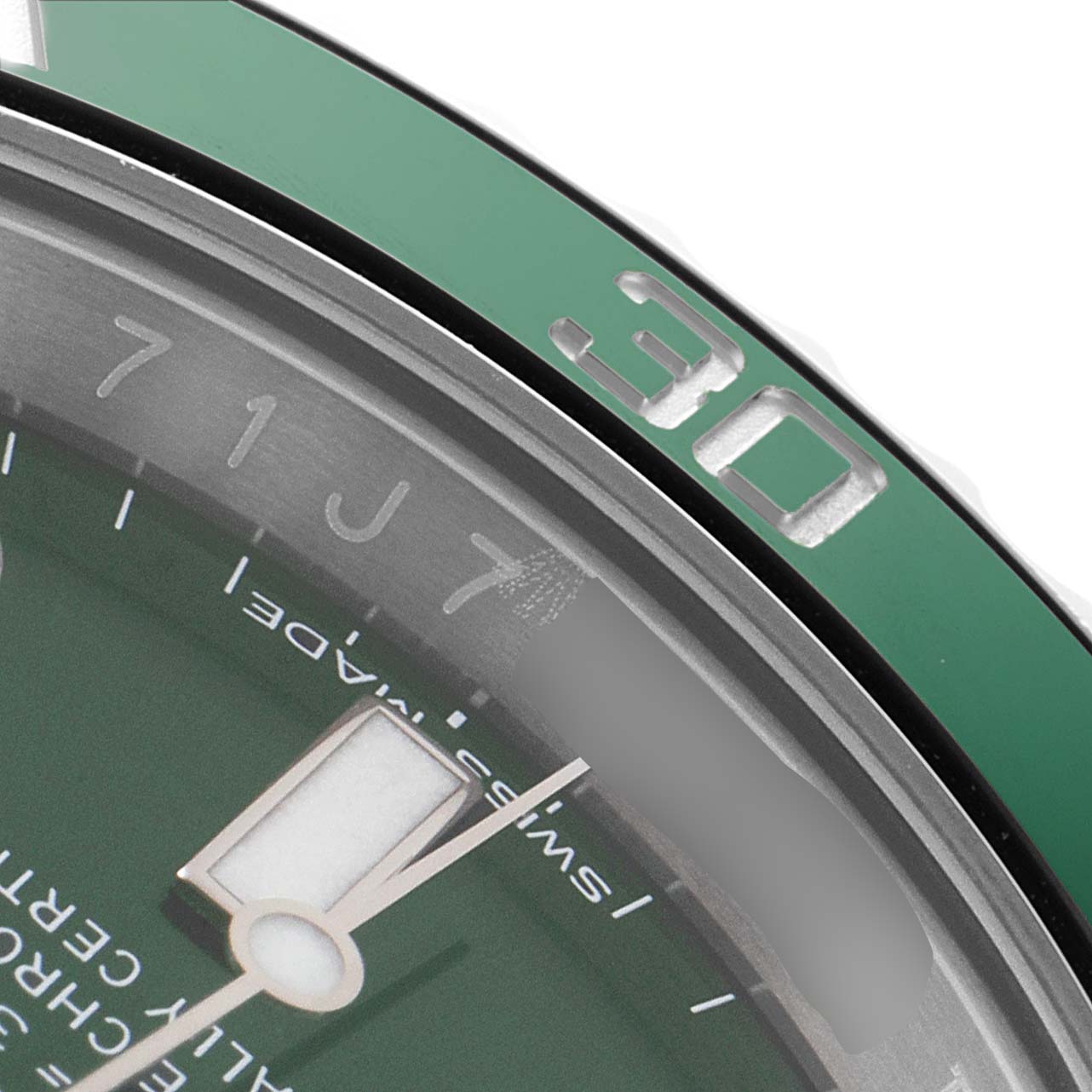The image shows a close-up of the bezel, dial, and portion of the minute hand of a Rolex Submariner 116610LV Men
s Stainless Steel Green Dial 116610LV Men
s Stainless Steel Green Dial watch.