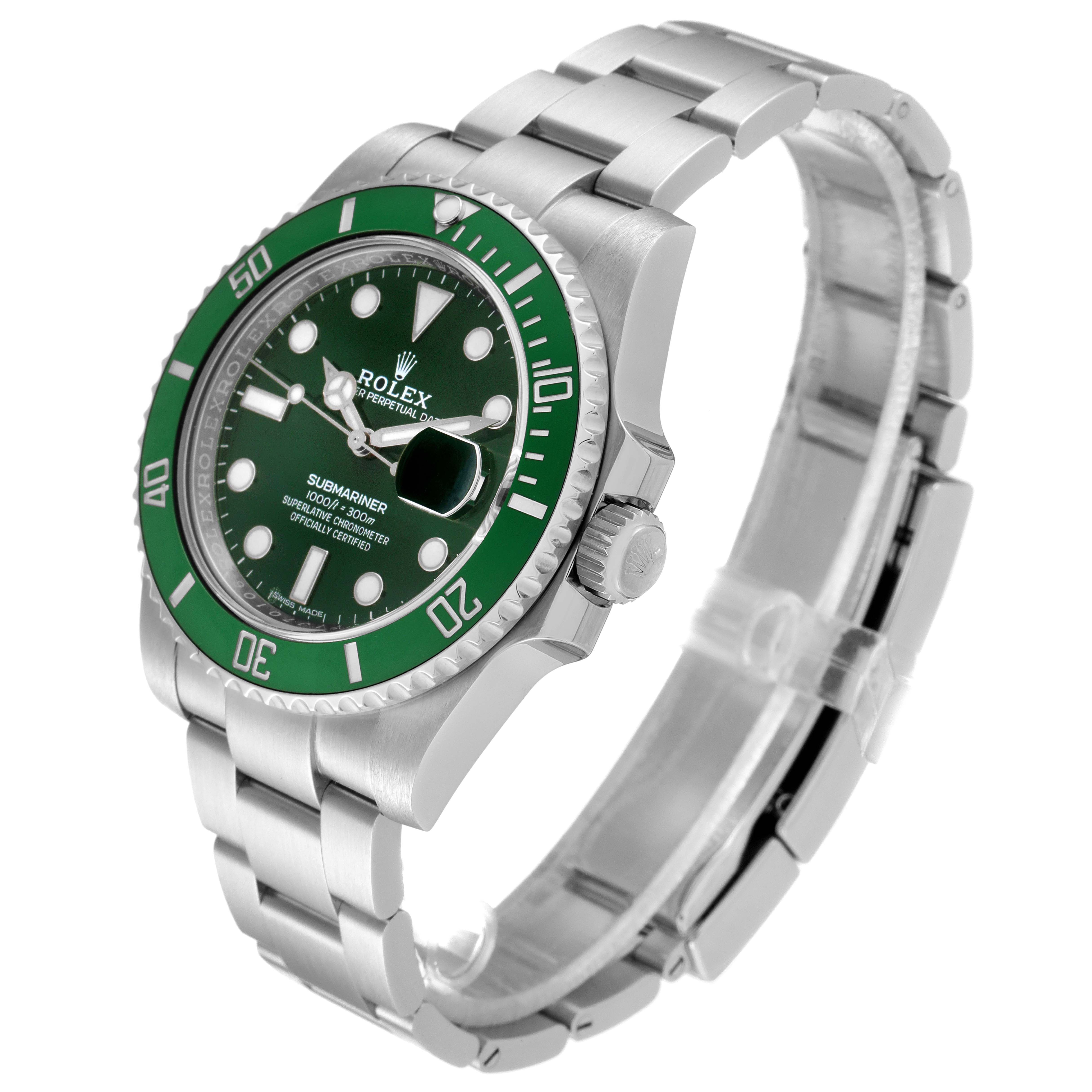 This image shows a Rolex Submariner 116610LV Men
s Stainless Steel Green Dial 116610LV Men
s Stainless Steel Green Dial watch at a three-quarter angle, highlighting the green bezel, dial, and metal bracelet.