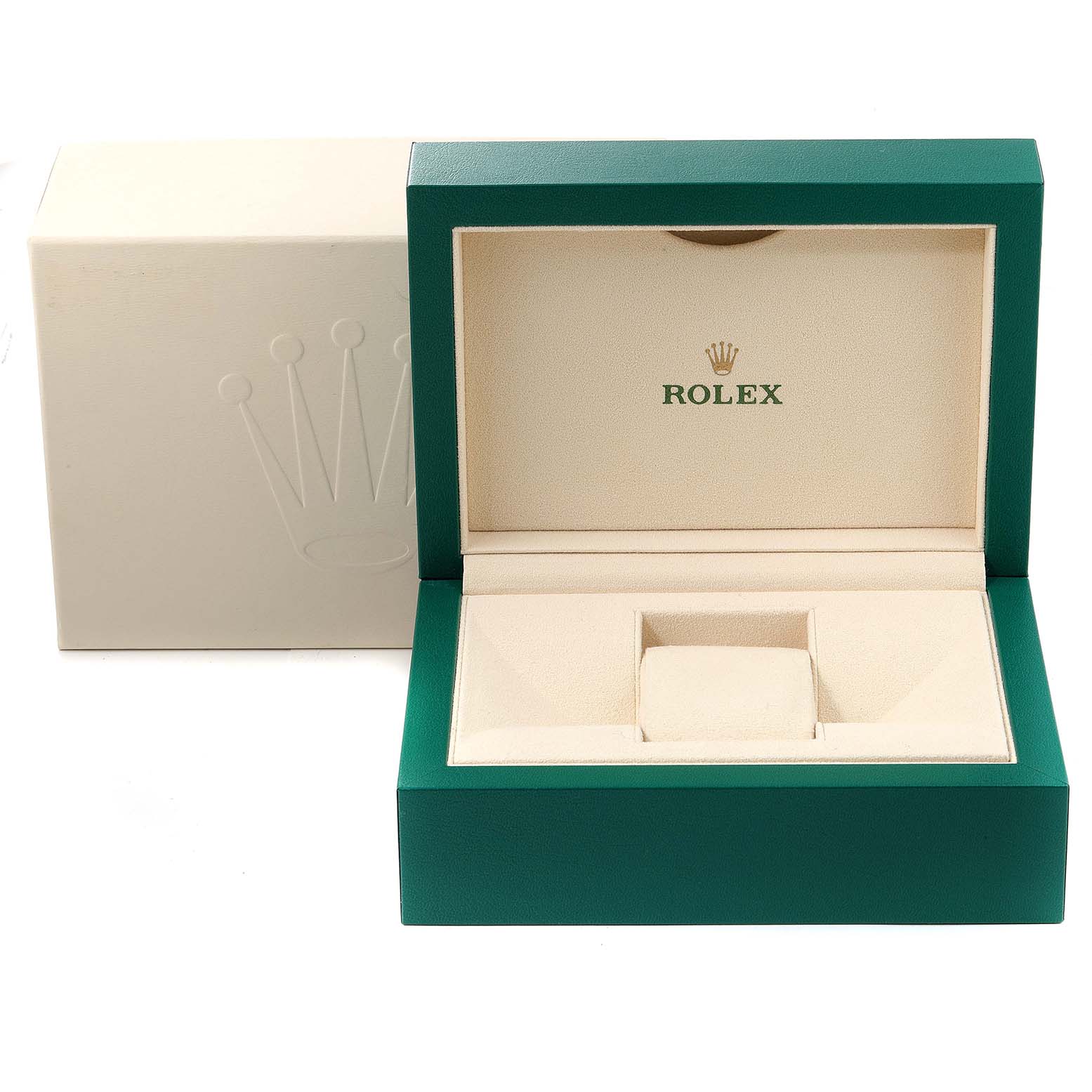 The image shows an open green and beige Rolex Submariner 116610LV Men
s Stainless Steel Green Dial 116610LV Men
s Stainless Steel Green Dial watch box, viewed from the front.