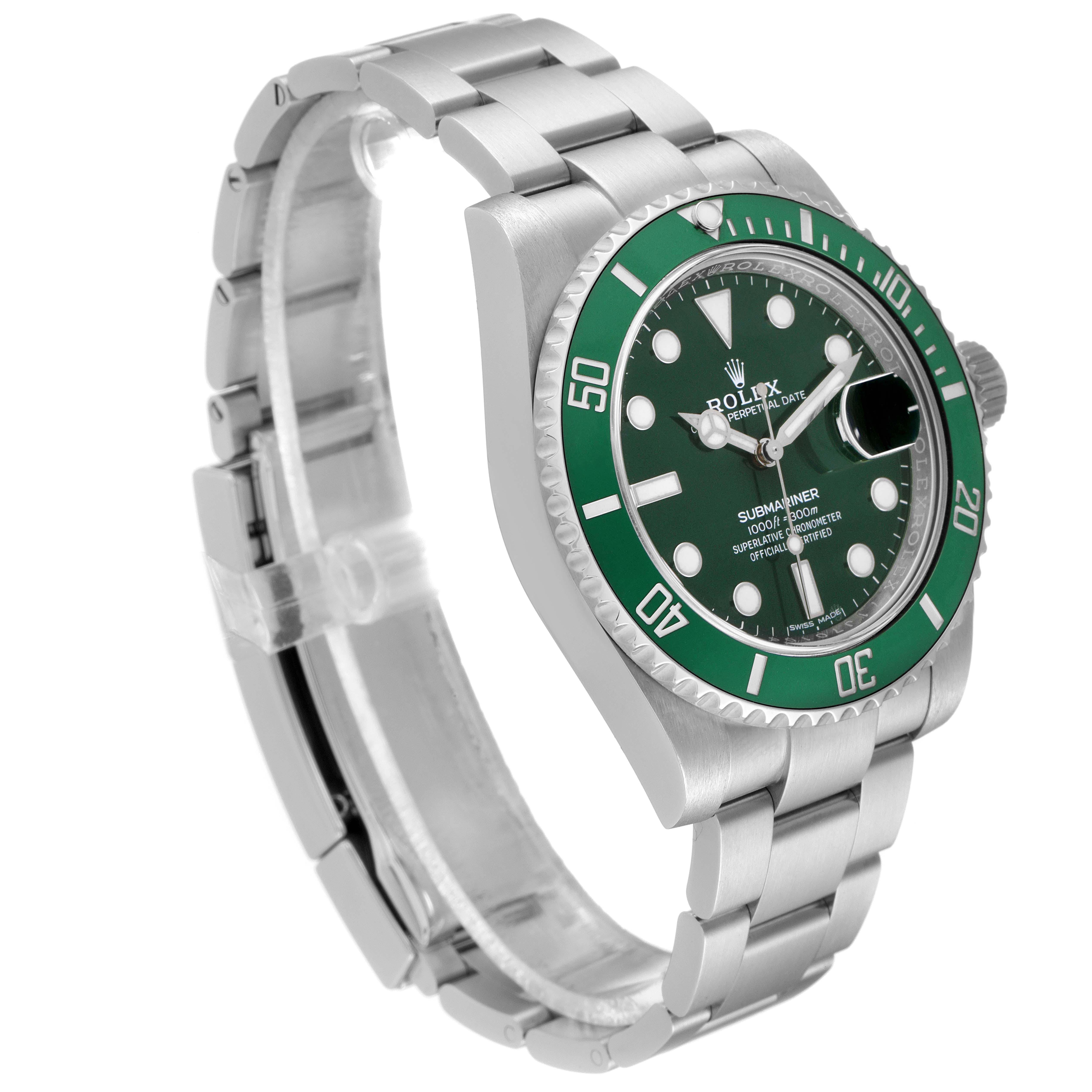 The image shows the Rolex Submariner 116610LV Men
s Stainless Steel Green Dial 116610LV Men
s Stainless Steel Green Dial watch in a three-quarter angle with a clear view of its green bezel, dial, and stainless steel bracelet.