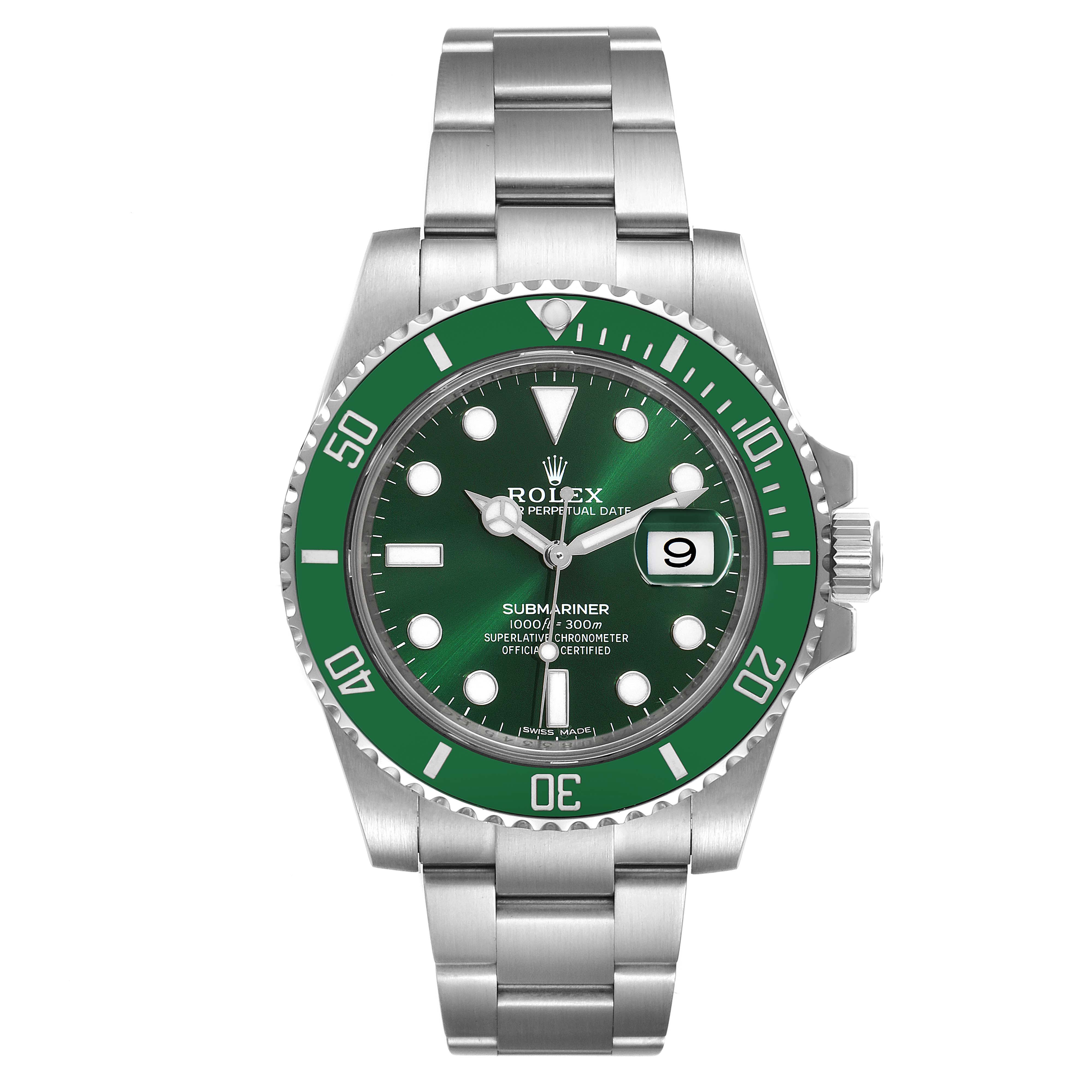 The image shows a Rolex Submariner 116610LV Men
s Stainless Steel Green Dial 116610LV Men
s Stainless Steel Green Dial from a front angle featuring the bezel, dial, hands, date window, and bracelet.