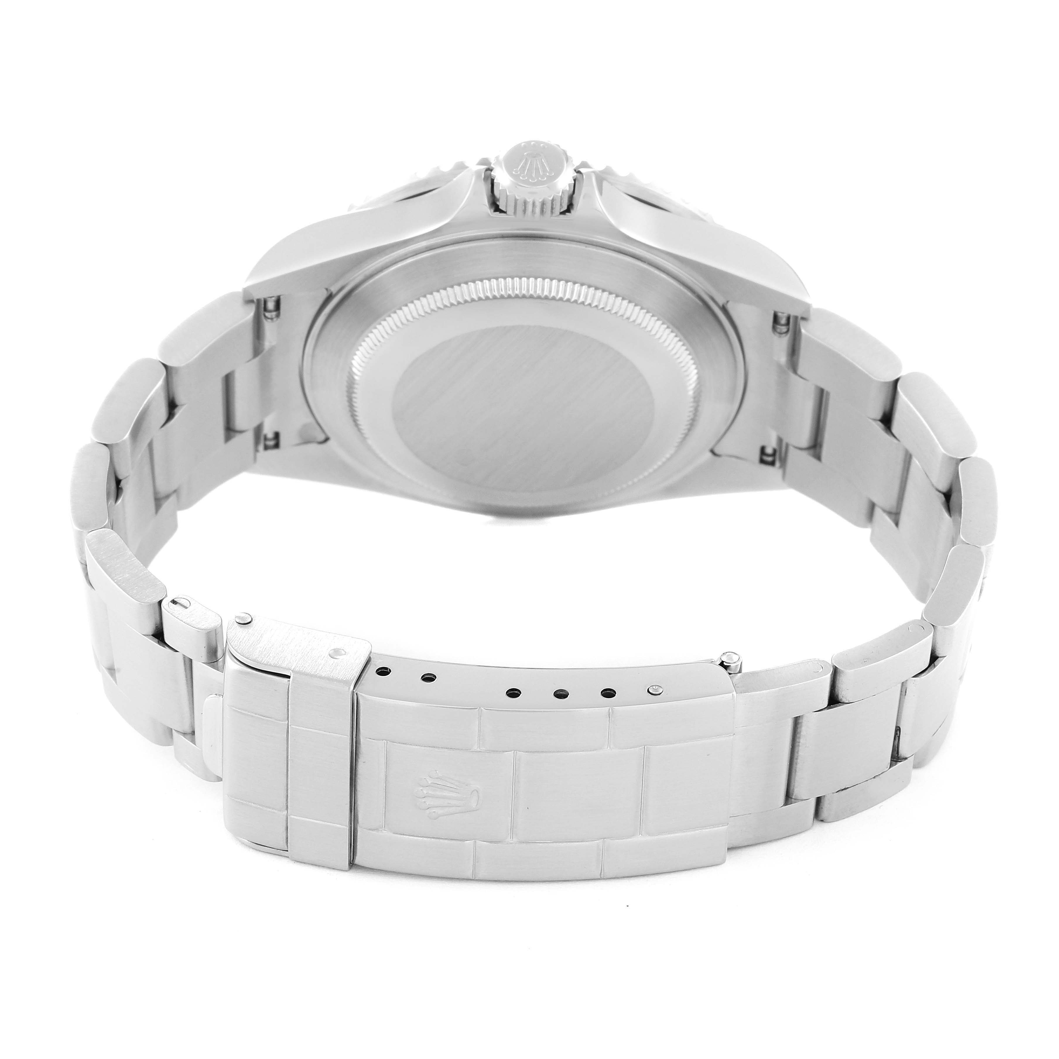 This image shows the back view of a Rolex Submariner 16610LV Men
s Stainless Steel Black Dial 16610LV Men
s Stainless Steel Black Dial watch, highlighting the case, crown, and bracelet with the clasp.