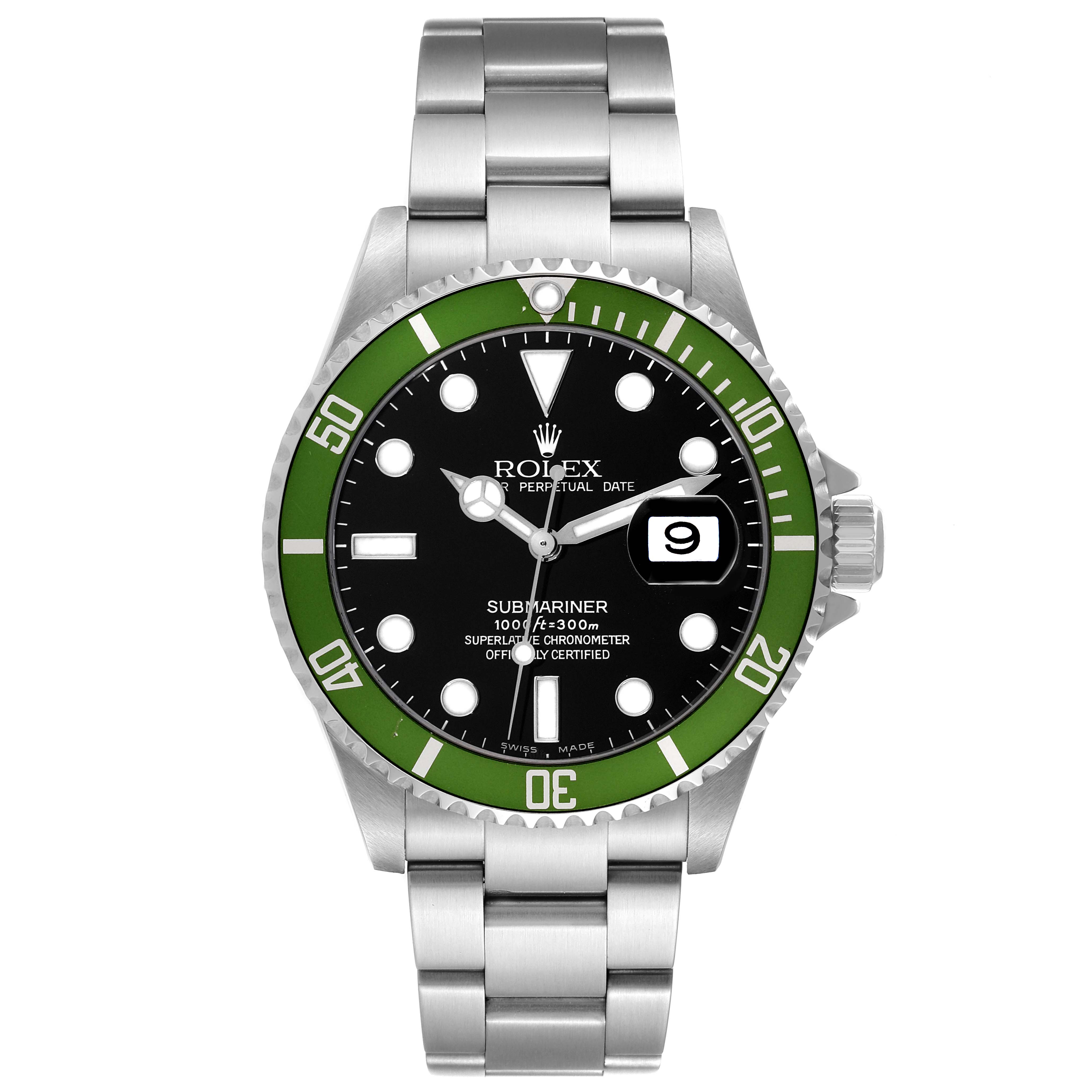 The image shows a frontal view of a Rolex Submariner 16610LV Men
s Stainless Steel Black Dial 16610LV Men
s Stainless Steel Black Dial watch, displaying its green bezel, black dial, and stainless steel bracelet.