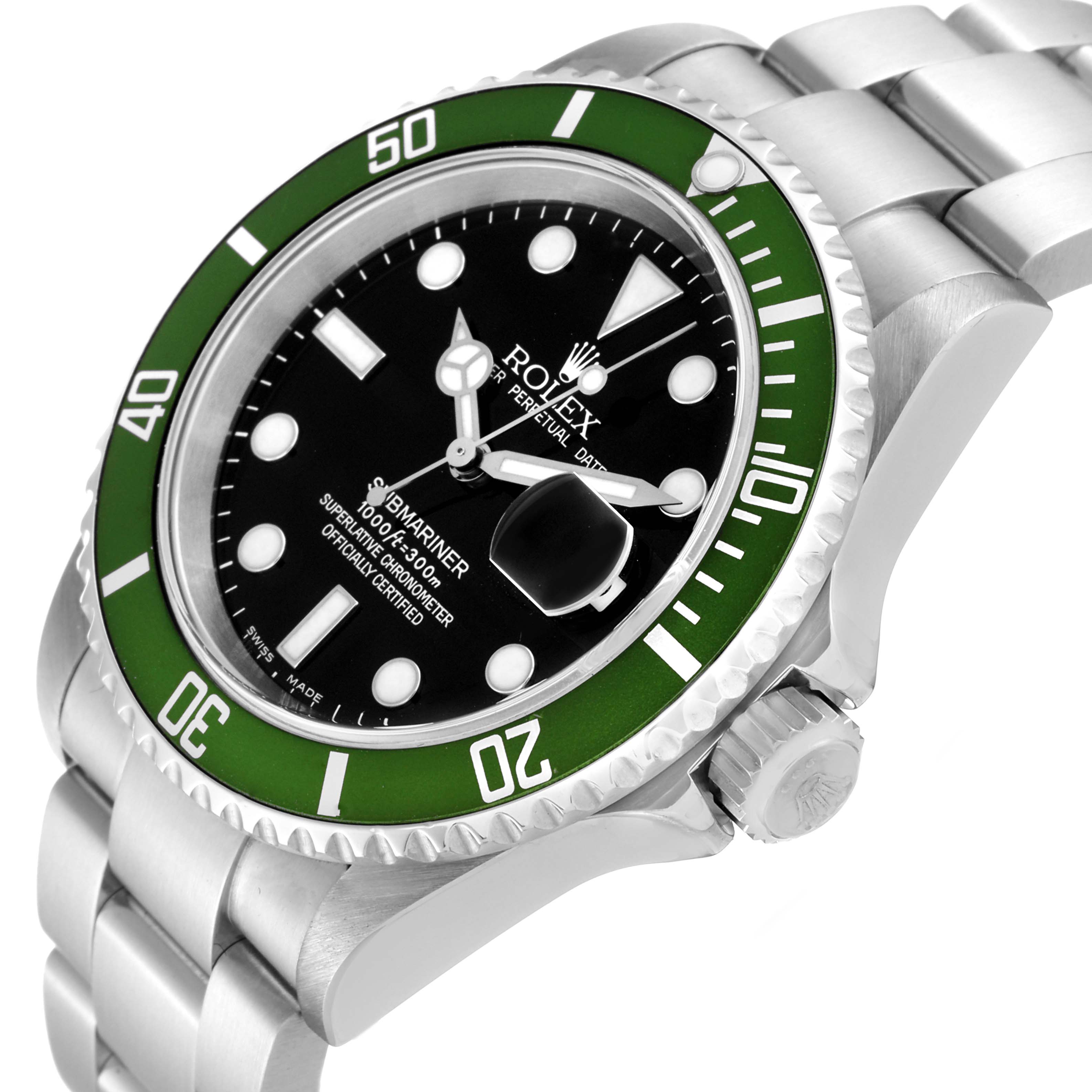 The image shows a side angle of a Rolex Submariner 16610LV Men
s Stainless Steel Black Dial 16610LV Men
s Stainless Steel Black Dial watch highlighting the bezel, dial, crown, and bracelet.