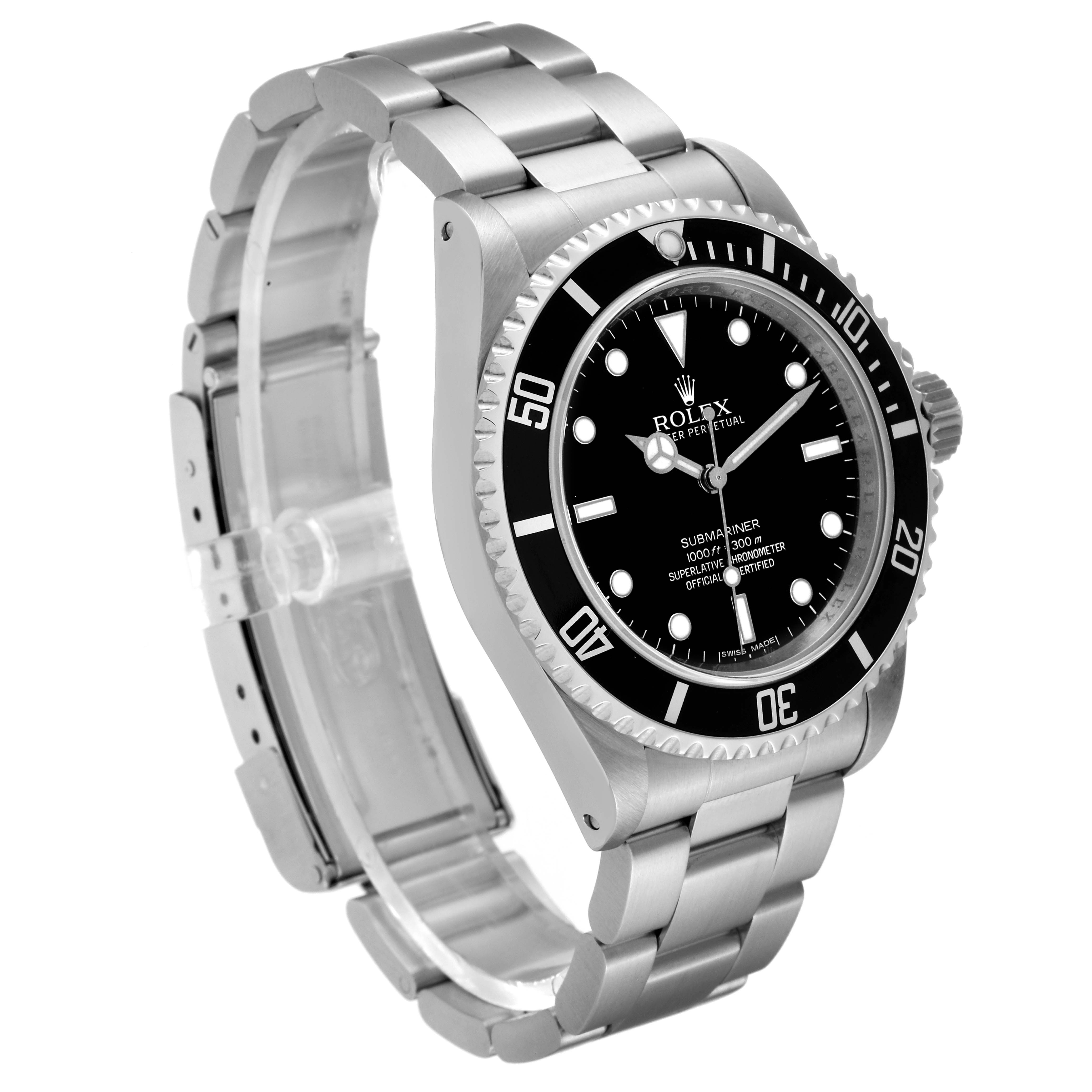 The image shows a side-angle view of a Rolex Submariner 14060 Men's Stainless Steel Black Dial 14060 Men's Stainless Steel Black Dial watch, featuring its bezel, dial, and bracelet.