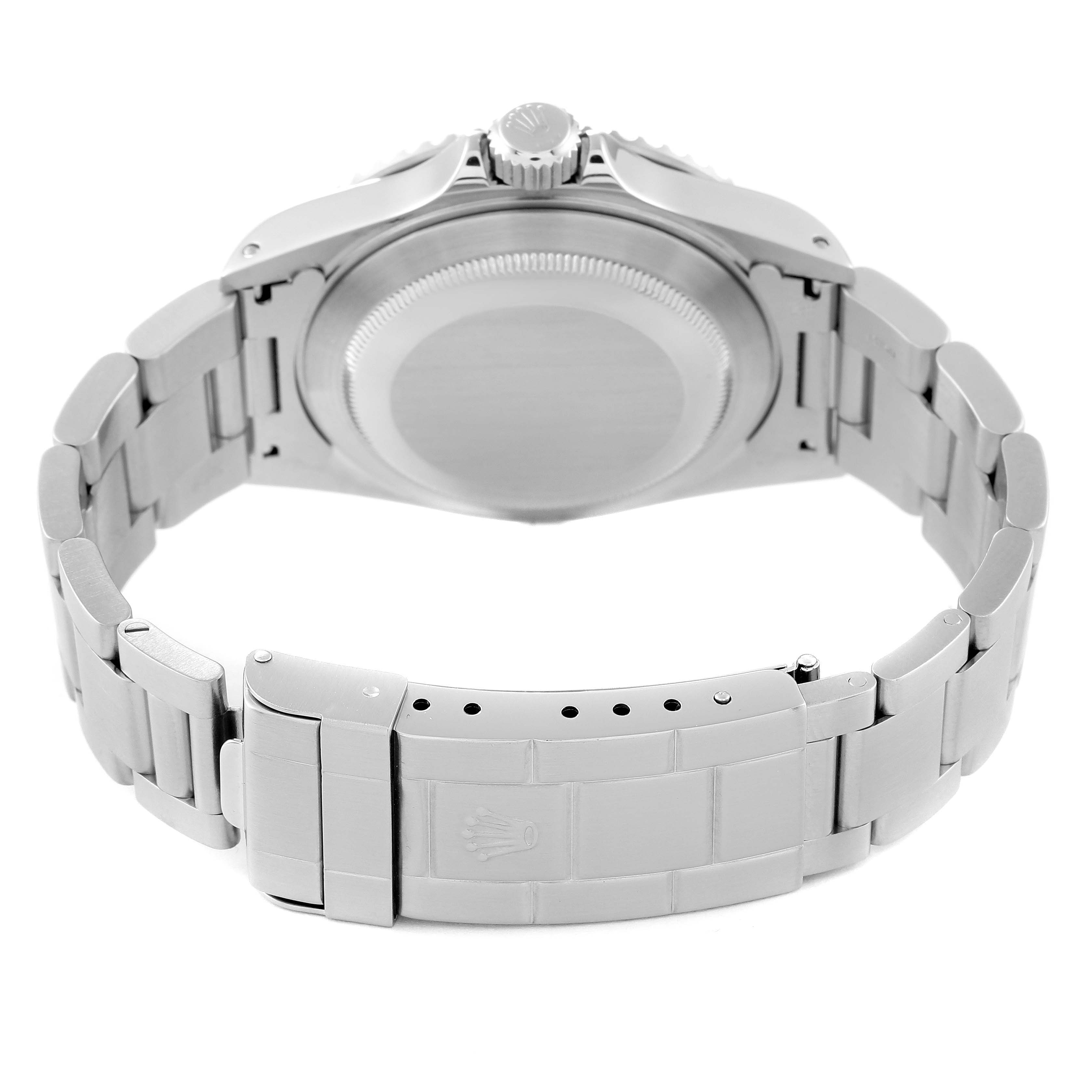 This image shows the back case and bracelet of a Rolex Submariner 14060 Men's Stainless Steel Black Dial 14060 Men's Stainless Steel Black Dial watch.