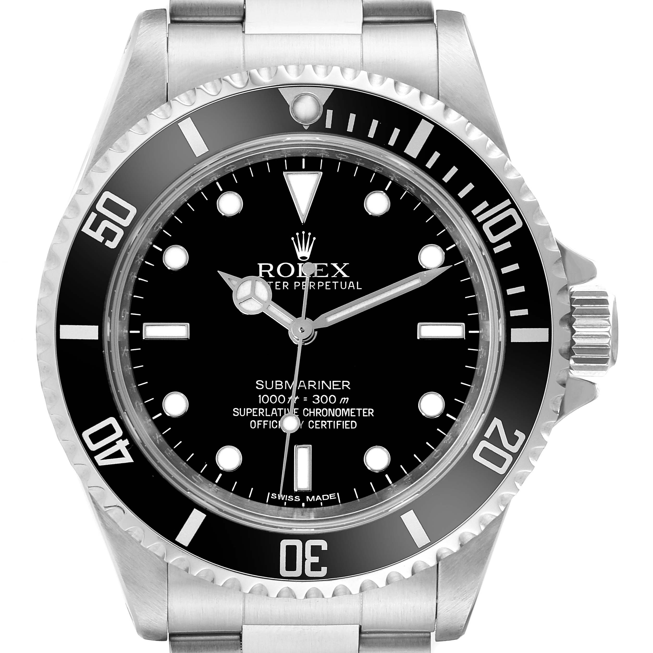 The image shows a front view of the Rolex Submariner 14060 Men's Stainless Steel Black Dial 14060 Men's Stainless Steel Black Dial watch, featuring the bezel, dial, hands, and part of the bracelet.