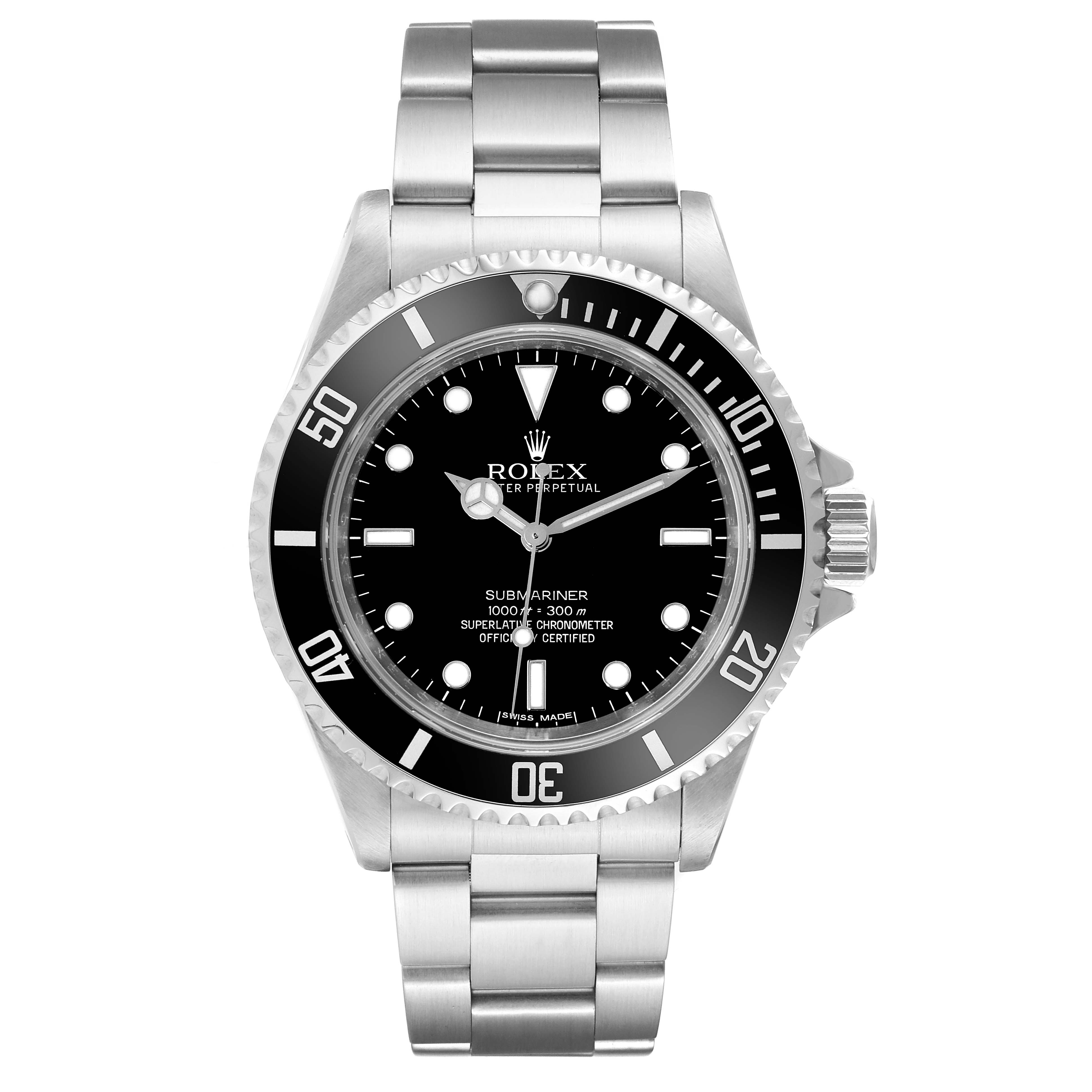 This image shows a front view of the Rolex Submariner 14060 Men's Stainless Steel Black Dial 14060 Men's Stainless Steel Black Dial watch, including the face, bezel, crown, and stainless steel bracelet.
