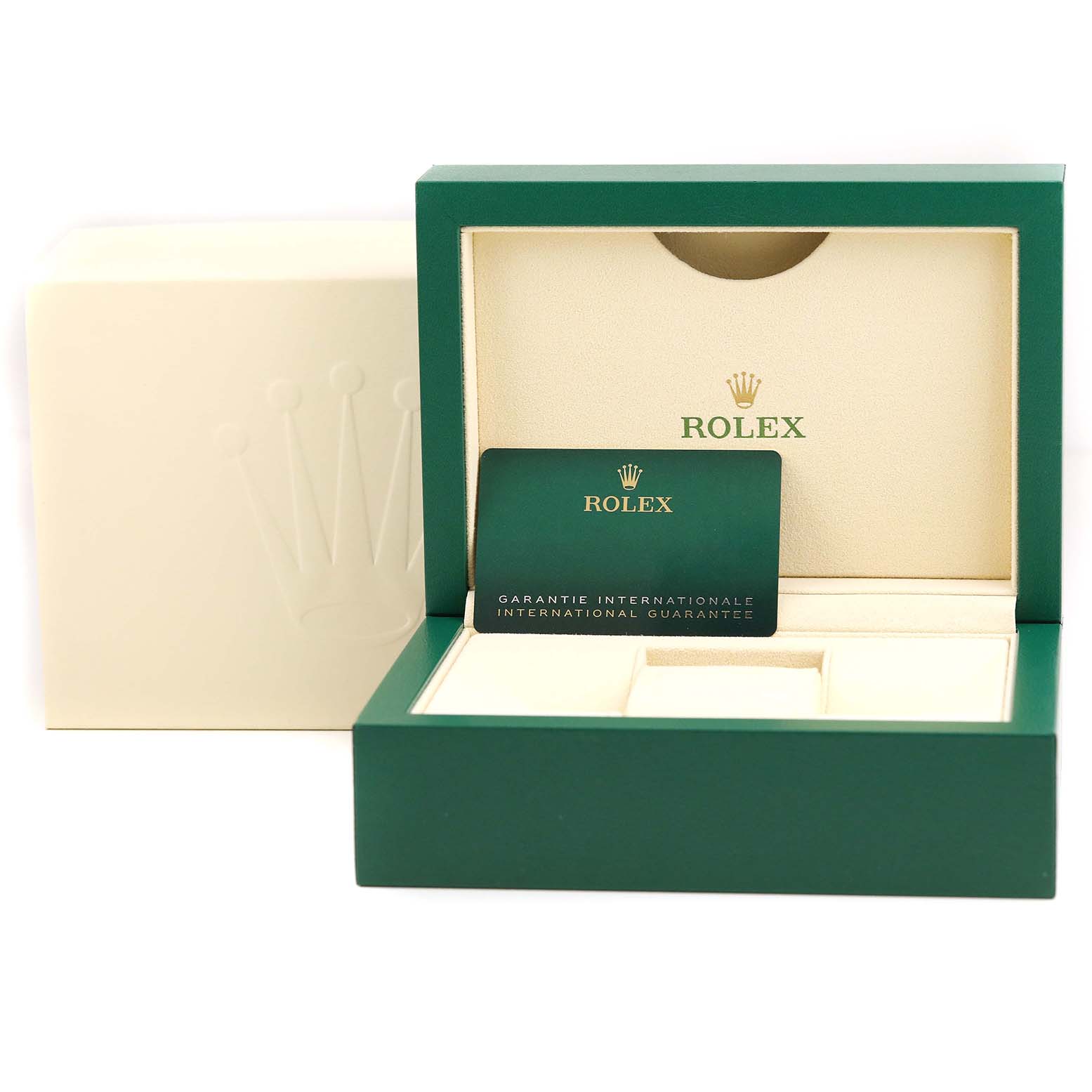 The image shows the open green and beige box for a Rolex Submariner 124060 Men
s Stainless Steel Black Dial 124060 Men
s Stainless Steel Black Dial, with an international guarantee card displayed inside.