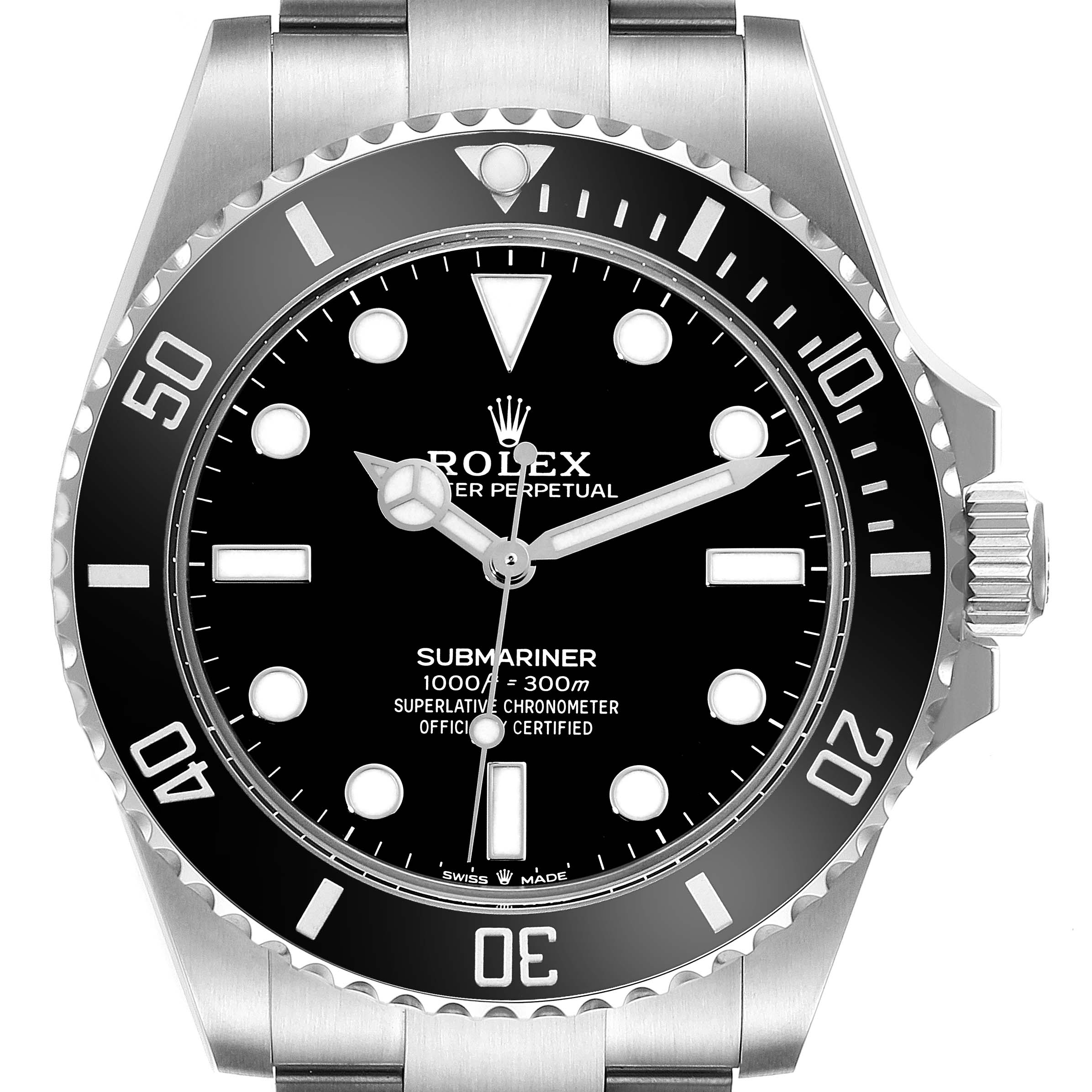This image shows a front view of the Rolex Submariner 124060 Men
s Stainless Steel Black Dial 124060 Men
s Stainless Steel Black Dial watch, highlighting the dial, bezel, hands, and crown.