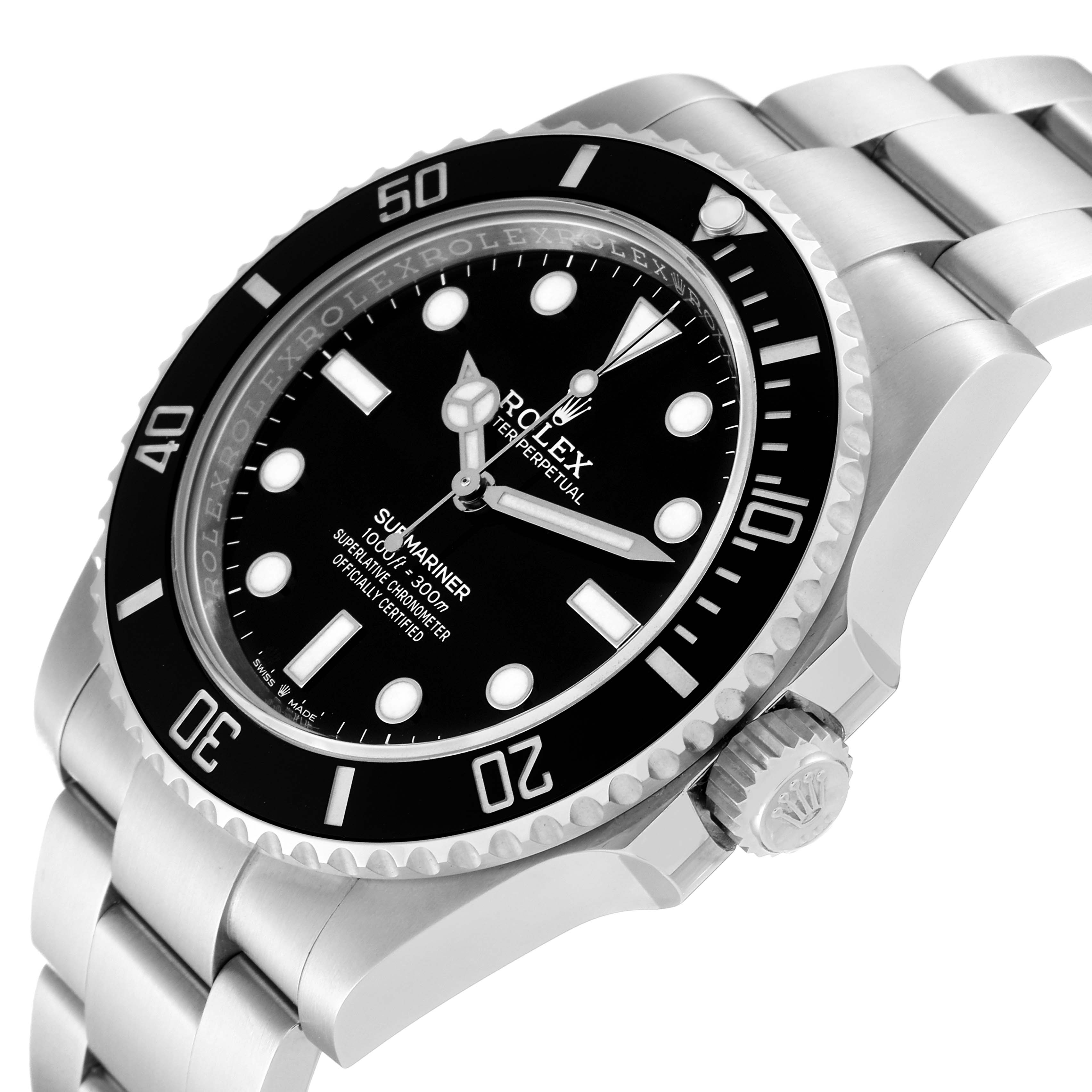 The image shows a close-up angled view of the Rolex Submariner 124060 Men
s Stainless Steel Black Dial 124060 Men
s Stainless Steel Black Dial watch, highlighting the face, bezel, and a portion of the bracelet.