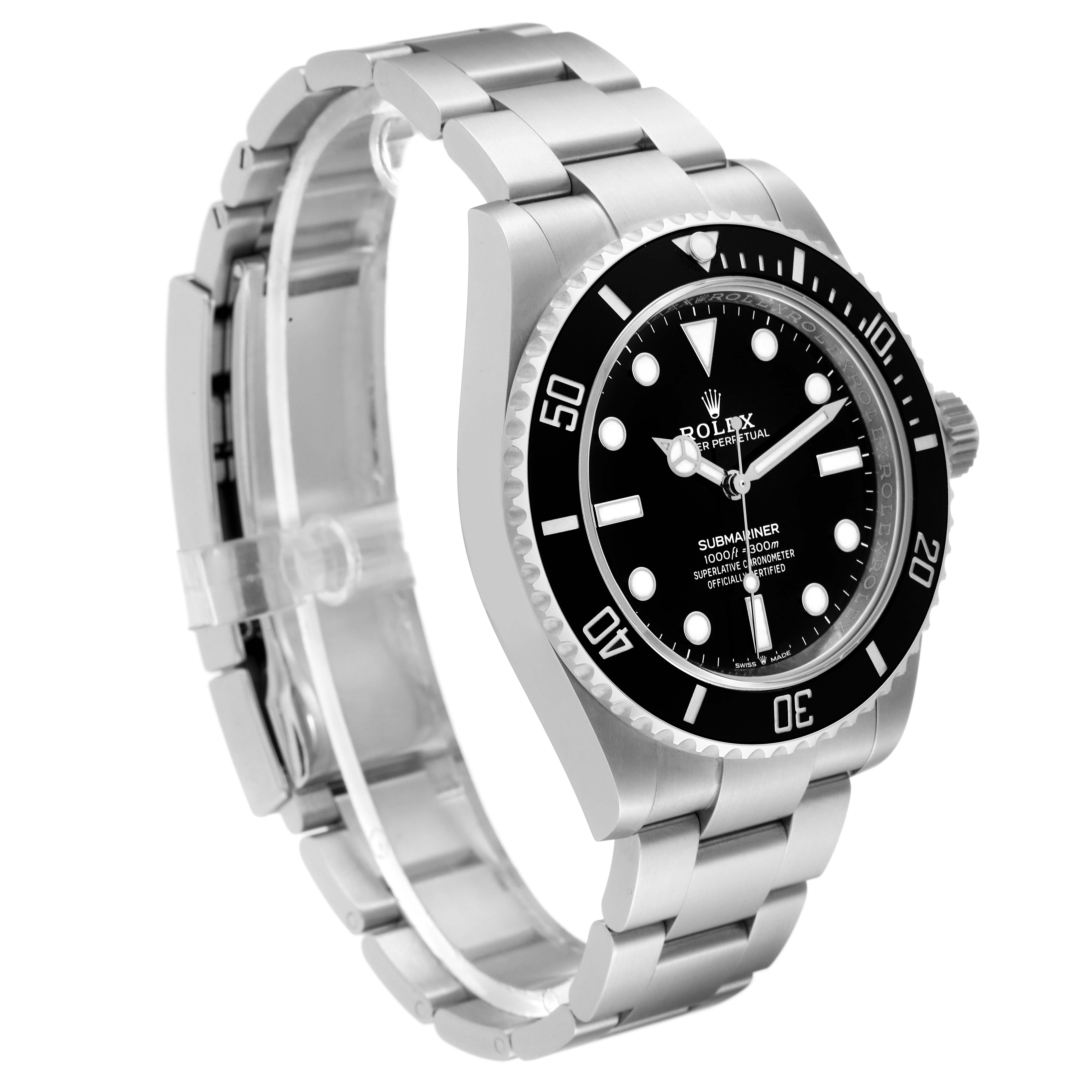 The image shows a side angle of the Rolex Submariner 124060 Men
s Stainless Steel Black Dial 124060 Men
s Stainless Steel Black Dial watch, highlighting its bracelet, crown, bezel, and dial.