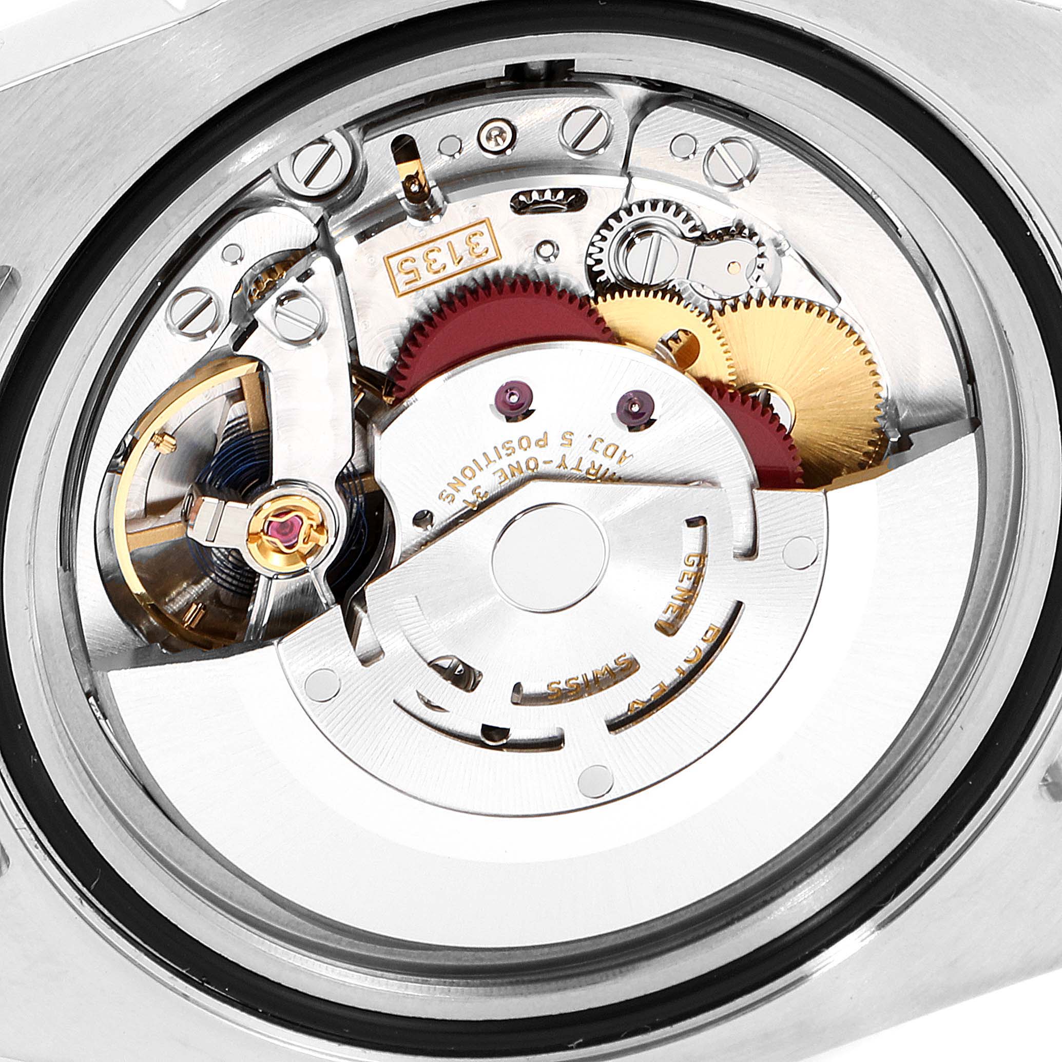 The image shows the inner mechanical movement of the Rolex Submariner 116613 Men's Steel and Gold (two tone) Blue Dial 116613 Men's Steel and Gold (two tone) Blue Dial watch from a close-up, top-down angle.