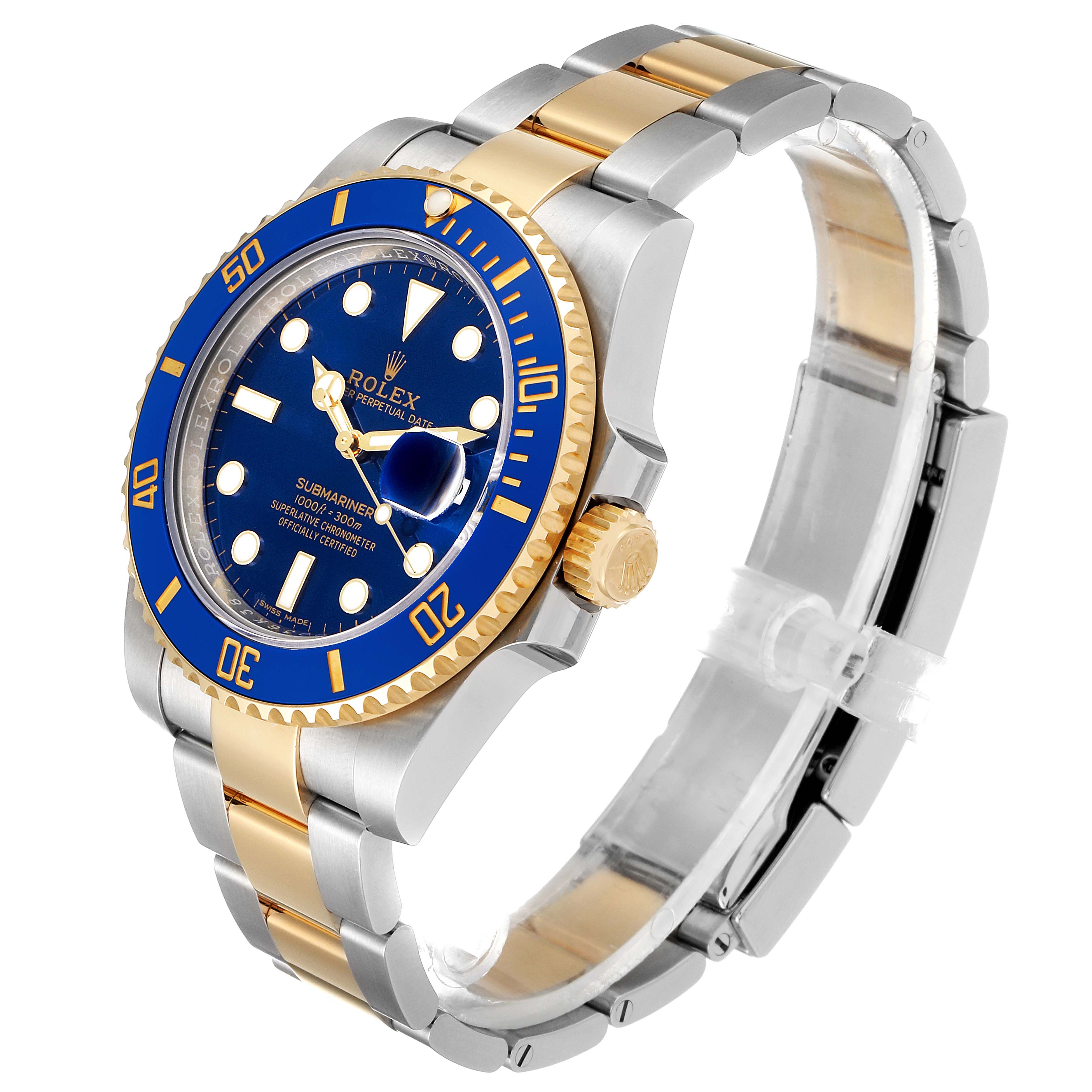 The image shows a side view of a Rolex Submariner 116613 Men's Steel and Gold (two tone) Blue Dial 116613 Men's Steel and Gold (two tone) Blue Dial watch with a blue dial and bezel, and a silver and gold bracelet.