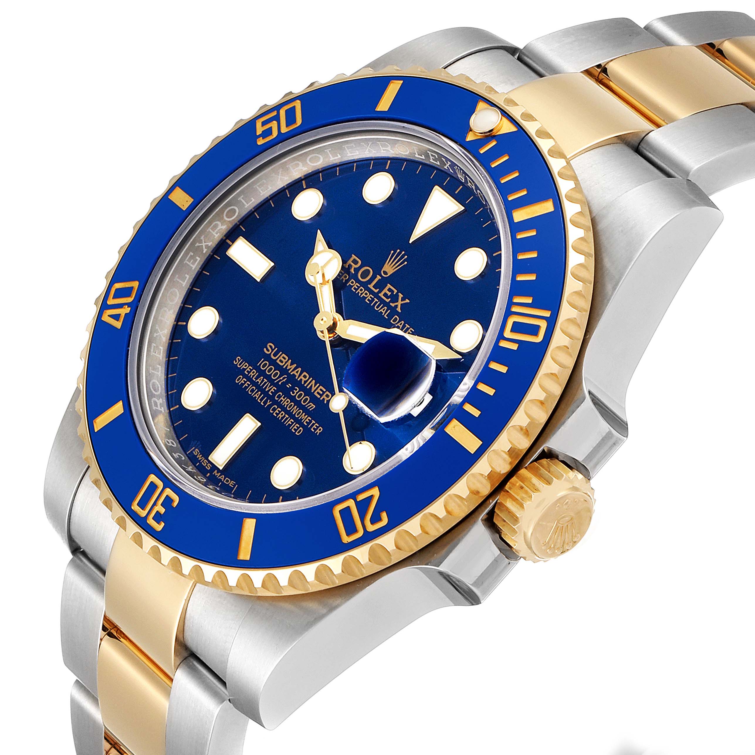This Rolex Submariner 116613 Men's Steel and Gold (two tone) Blue Dial 116613 Men's Steel and Gold (two tone) Blue Dial watch is shown at an angle highlighting the face, bezel, crown, and part of the bracelet.