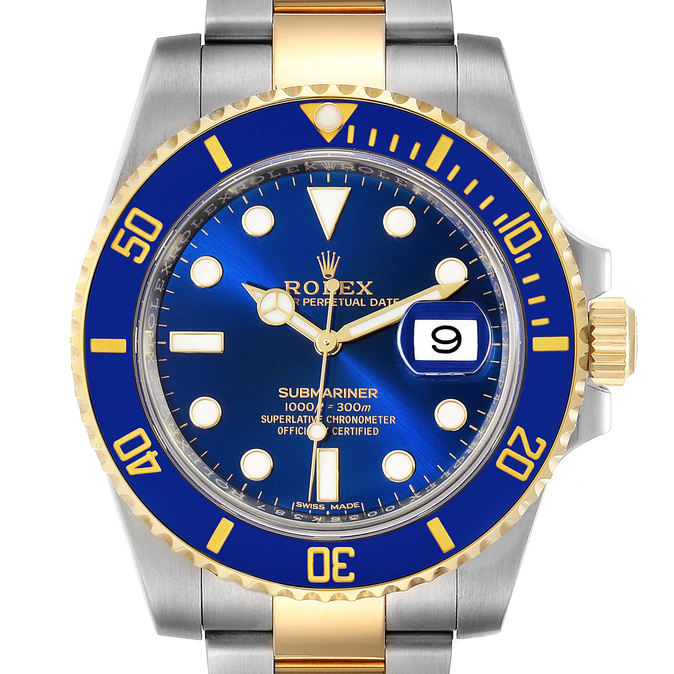 The image shows a front view of a Rolex Submariner 116613 Men's Steel and Gold (two tone) Blue Dial 116613 Men's Steel and Gold (two tone) Blue Dial watch featuring a blue dial and bezel with gold accents and a date display.