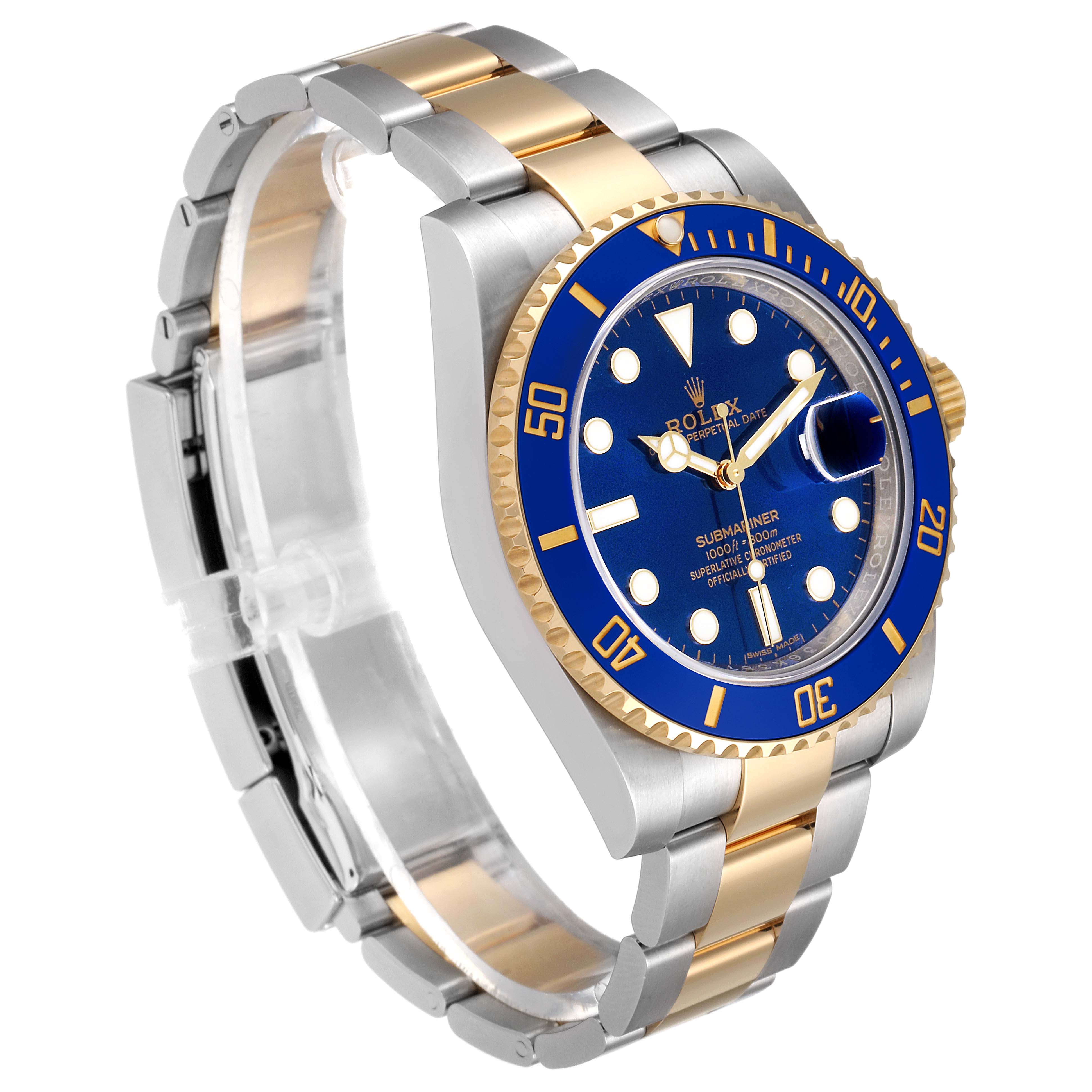 The image shows a Rolex Submariner 116613 Men's Steel and Gold (two tone) Blue Dial 116613 Men's Steel and Gold (two tone) Blue Dial watch from a slightly angled side view, highlighting the bracelet, bezel, and face.