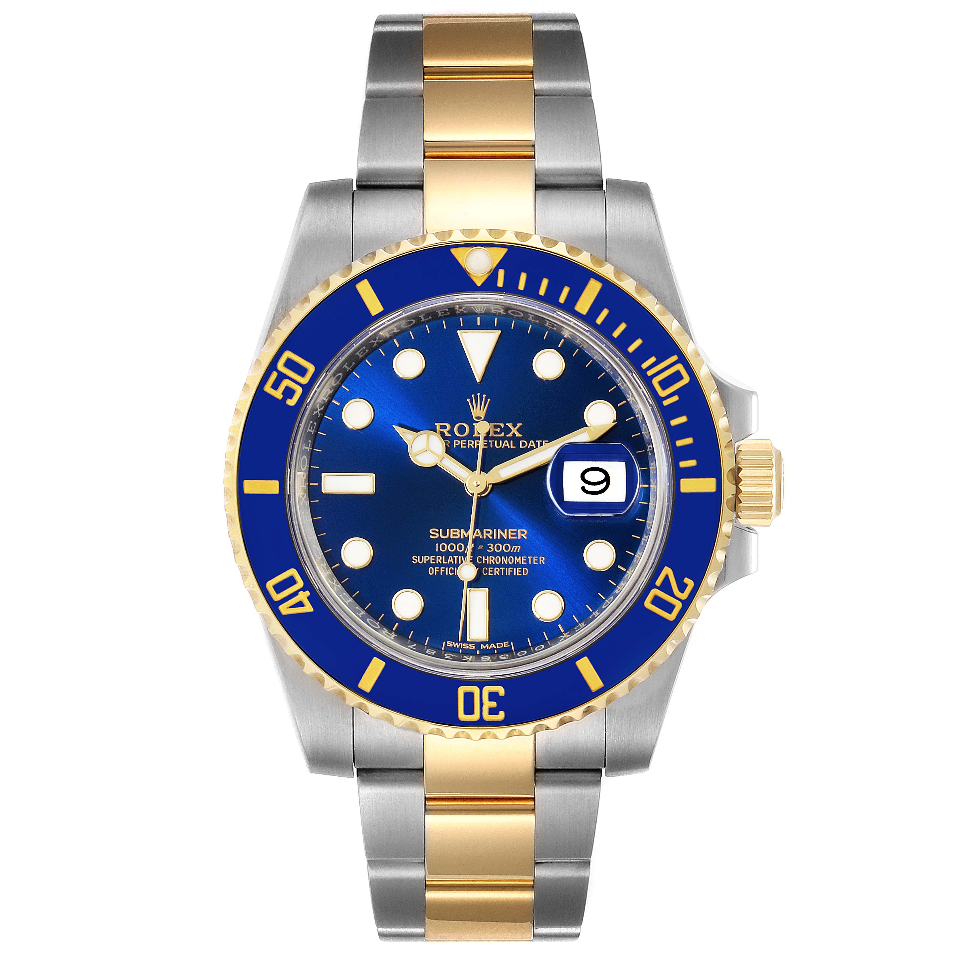 The image shows a front view of a Rolex Submariner 116613 Men's Steel and Gold (two tone) Blue Dial 116613 Men's Steel and Gold (two tone) Blue Dial watch with a blue dial and bi-metal bracelet.