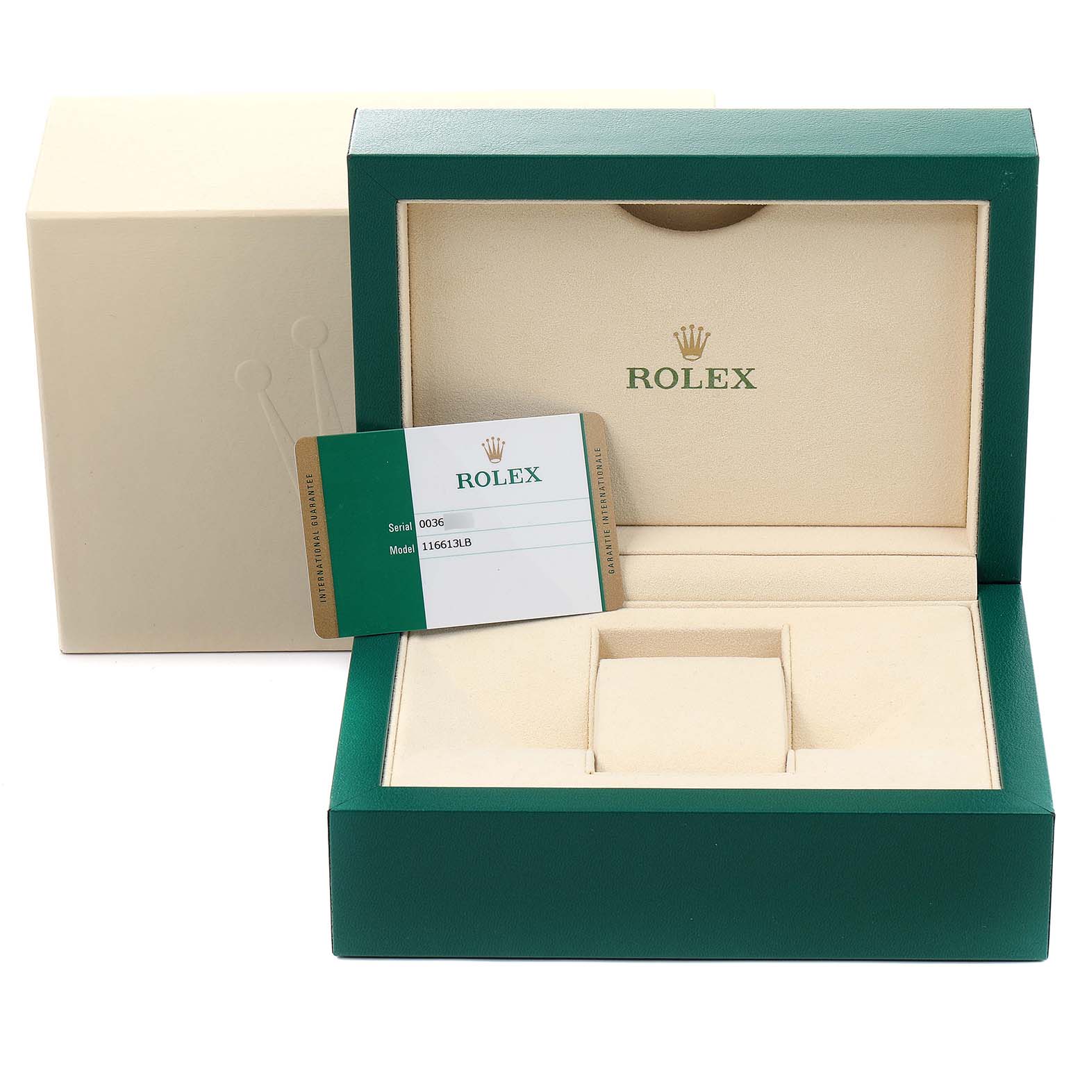 The image shows the open packaging and authenticity card for the Rolex Submariner 116613 Men's Steel and Gold (two tone) Blue Dial 116613 Men's Steel and Gold (two tone) Blue Dial watch.
