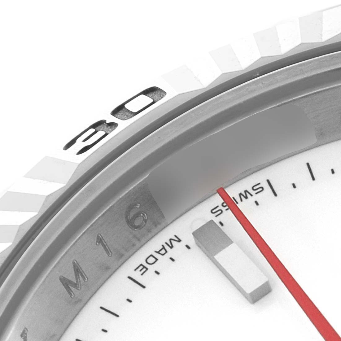 This image shows a close-up of the bezel and part of the dial of a Rolex Turn-o-Graph 116264 Men's Stainless Steel White Dial 116264 Men's Stainless Steel White Dial watch.