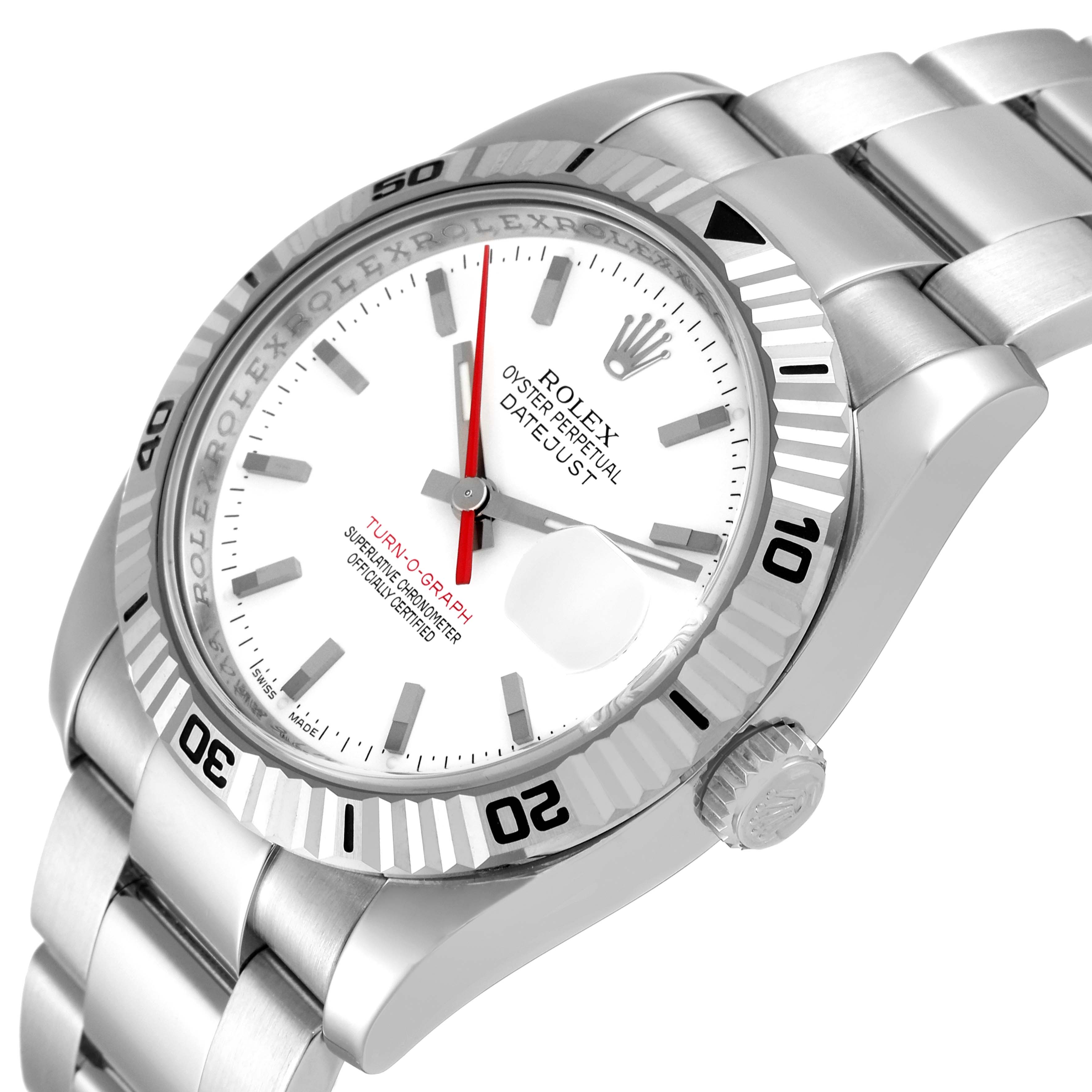 The image shows a Rolex Turn-o-Graph 116264 Men's Stainless Steel White Dial 116264 Men's Stainless Steel White Dial watch from an angled view highlighting its face, bezel, and bracelet.