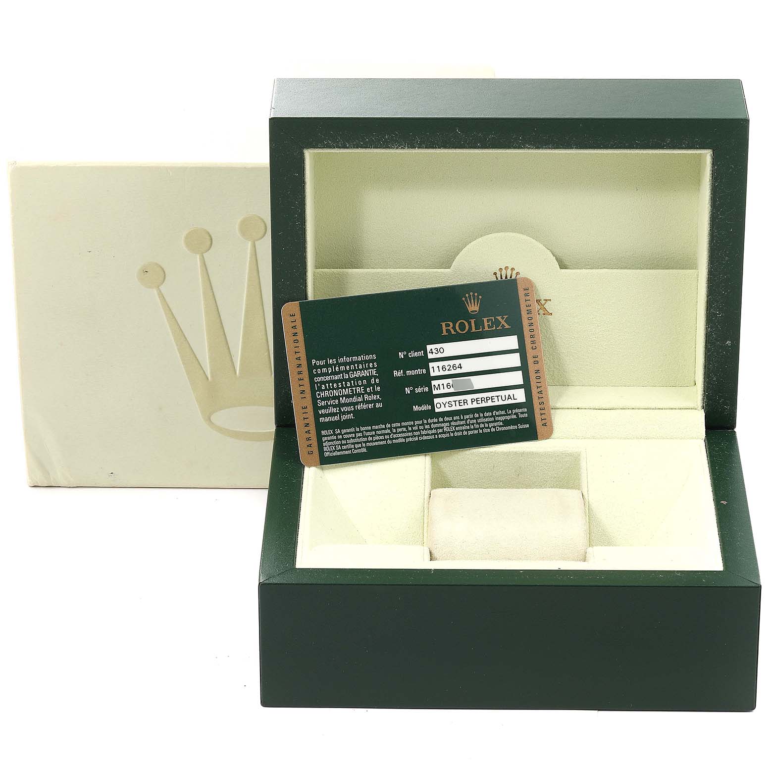 The image shows a Rolex Turn-o-Graph 116264 Men's Stainless Steel White Dial 116264 Men's Stainless Steel White Dial watch box, warranty card, and outer packaging from a front angle.