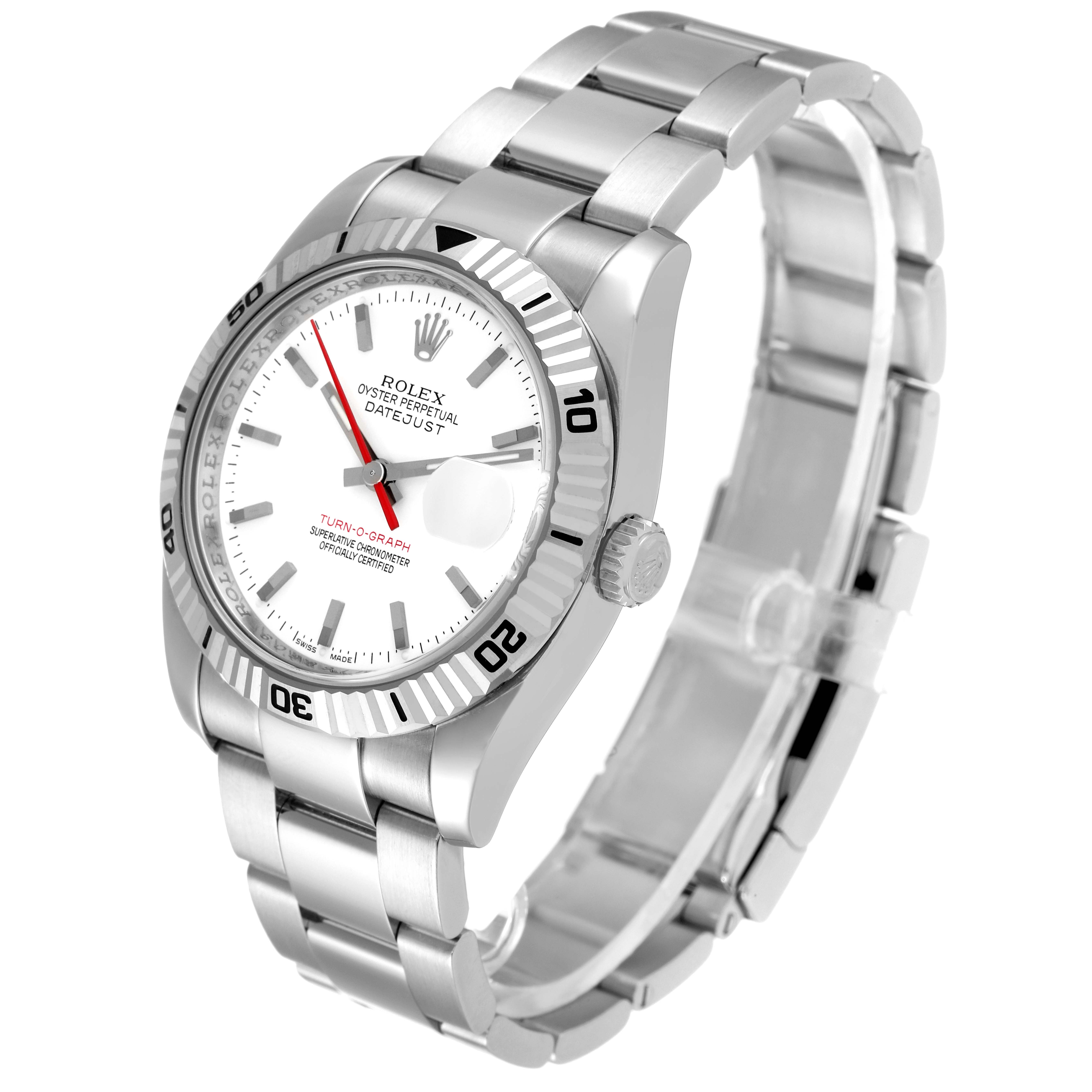 The Rolex Turn-o-Graph 116264 Men's Stainless Steel White Dial 116264 Men's Stainless Steel White Dial watch is shown at an angle, displaying the face, bezel, and bracelet clearly.