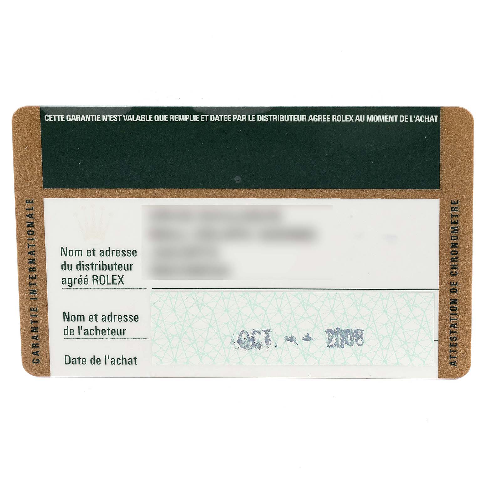 This image shows the warranty card for the Rolex Turn-o-Graph 116264 Men's Stainless Steel White Dial 116264 Men's Stainless Steel White Dial model, viewed from the front.