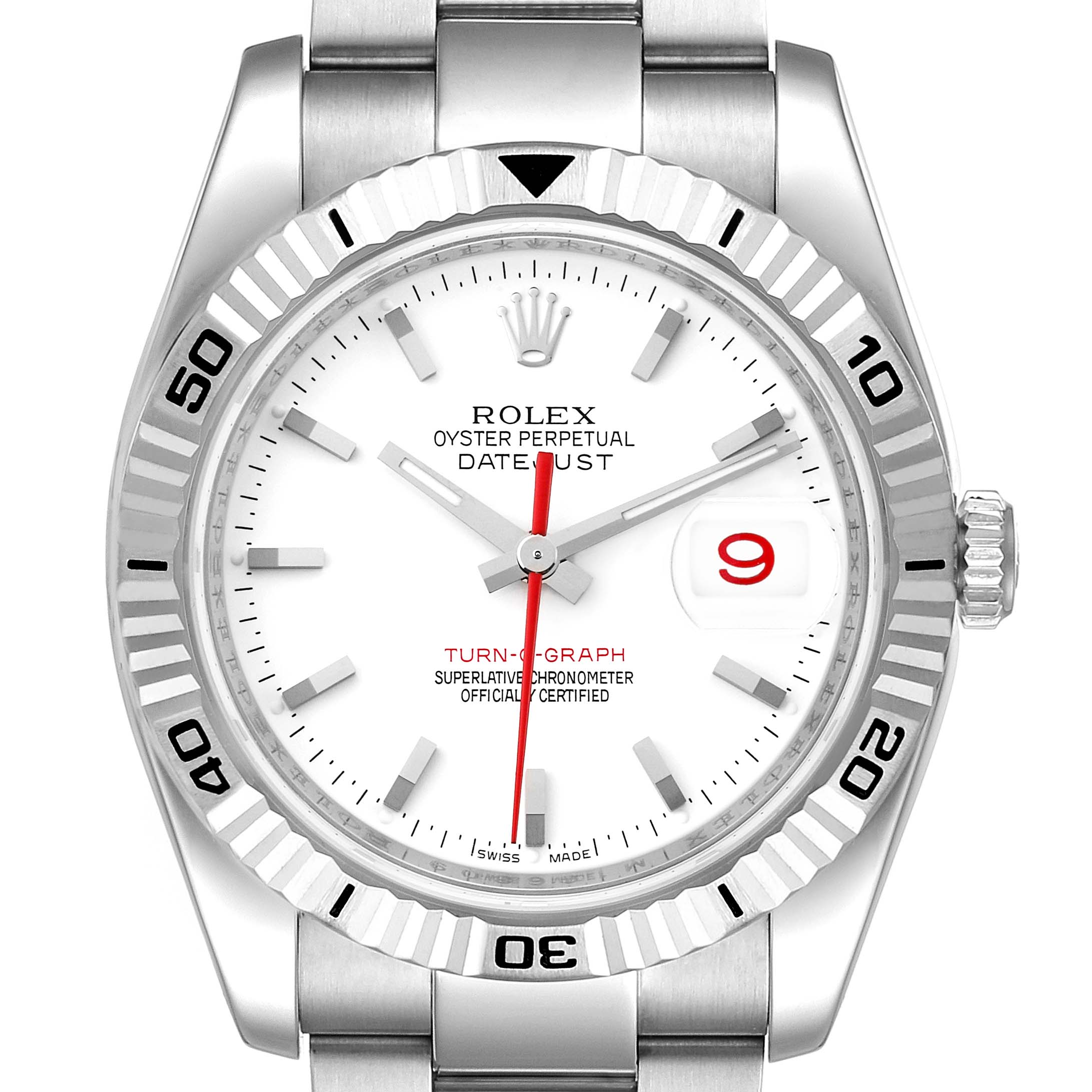 The Rolex Turn-o-Graph 116264 Men's Stainless Steel White Dial 116264 Men's Stainless Steel White Dial watch is shown from a front angle, displaying its face, bezel, crown, and part of the bracelet.