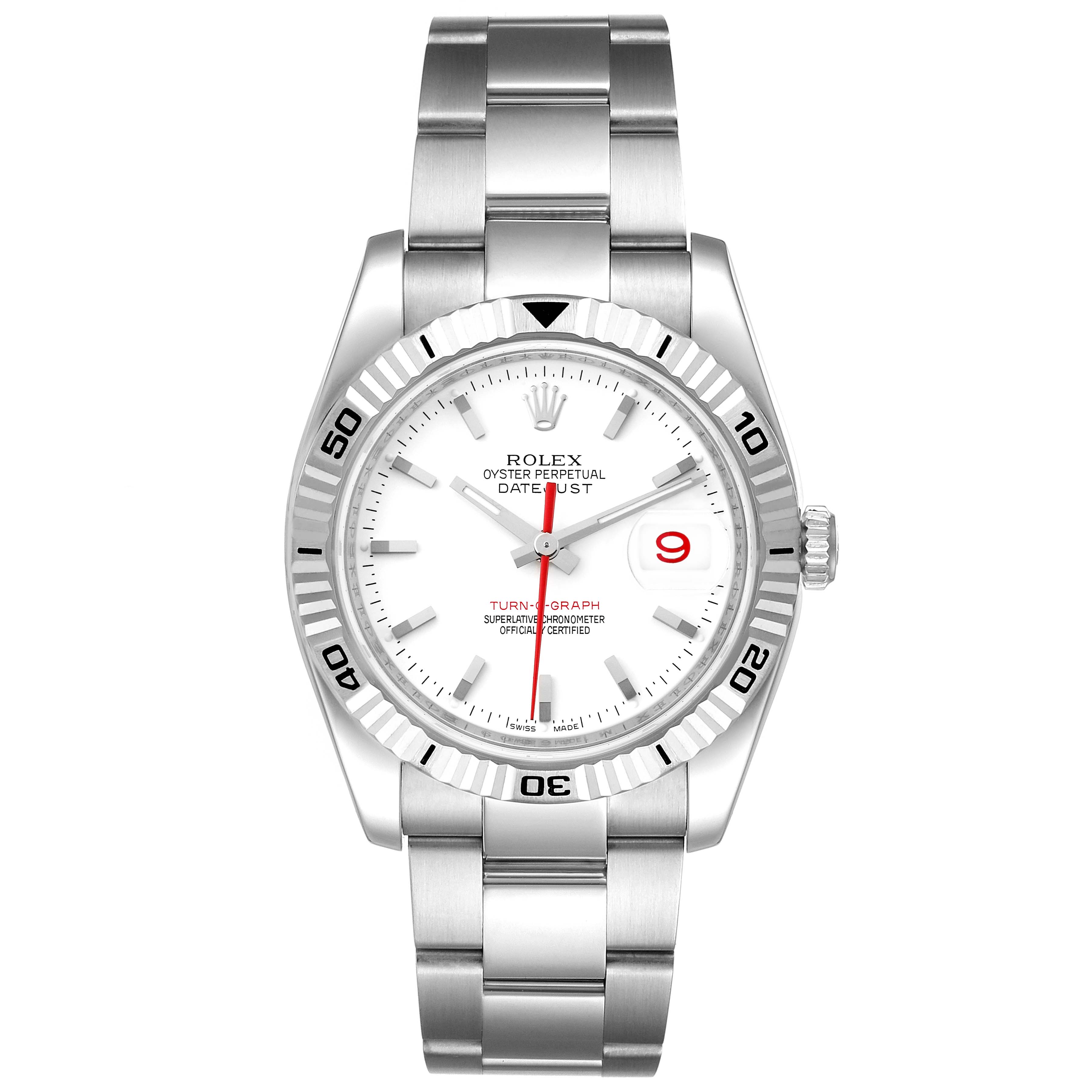 This image shows a Rolex Turn-o-Graph 116264 Men's Stainless Steel White Dial 116264 Men's Stainless Steel White Dial watch from a front view, displaying its white dial, bezel, hands, and bracelet.
