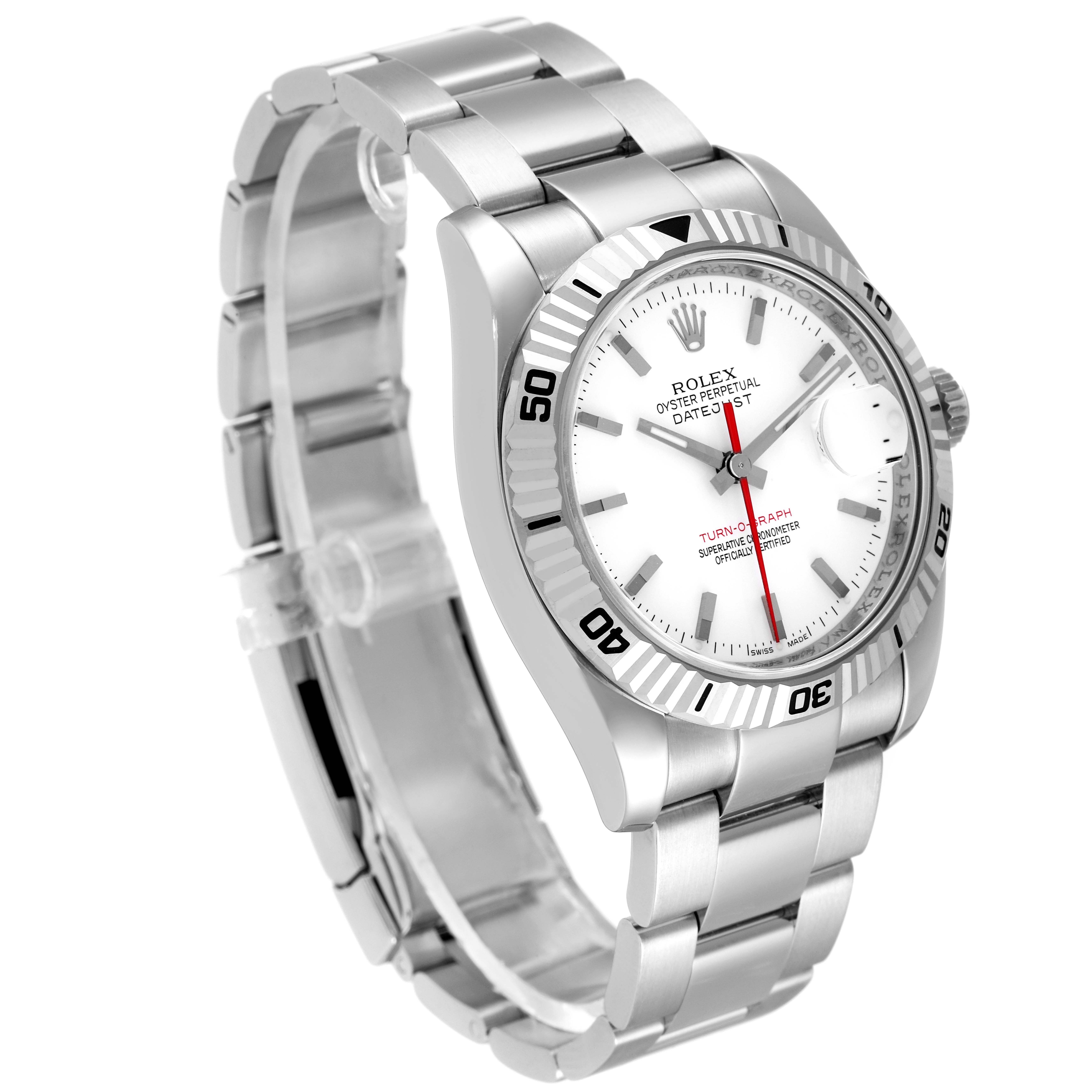 The image shows a Rolex Turn-o-Graph 116264 Men's Stainless Steel White Dial 116264 Men's Stainless Steel White Dial watch from a front-left angle, highlighting its face, bezel, and bracelet.