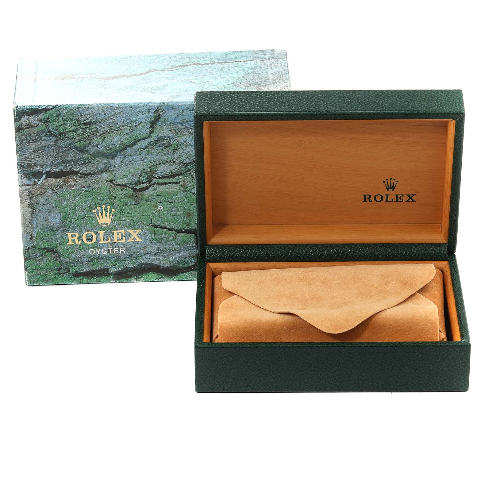 The image shows a Rolex Yacht-Master 169623 Women's Steel and Gold (two tone) Blue Dial 169623 Women's Steel and Gold (two tone) Blue Dial watch box, open, with a protective cover inside and an outer green Rolex-themed box beside it.