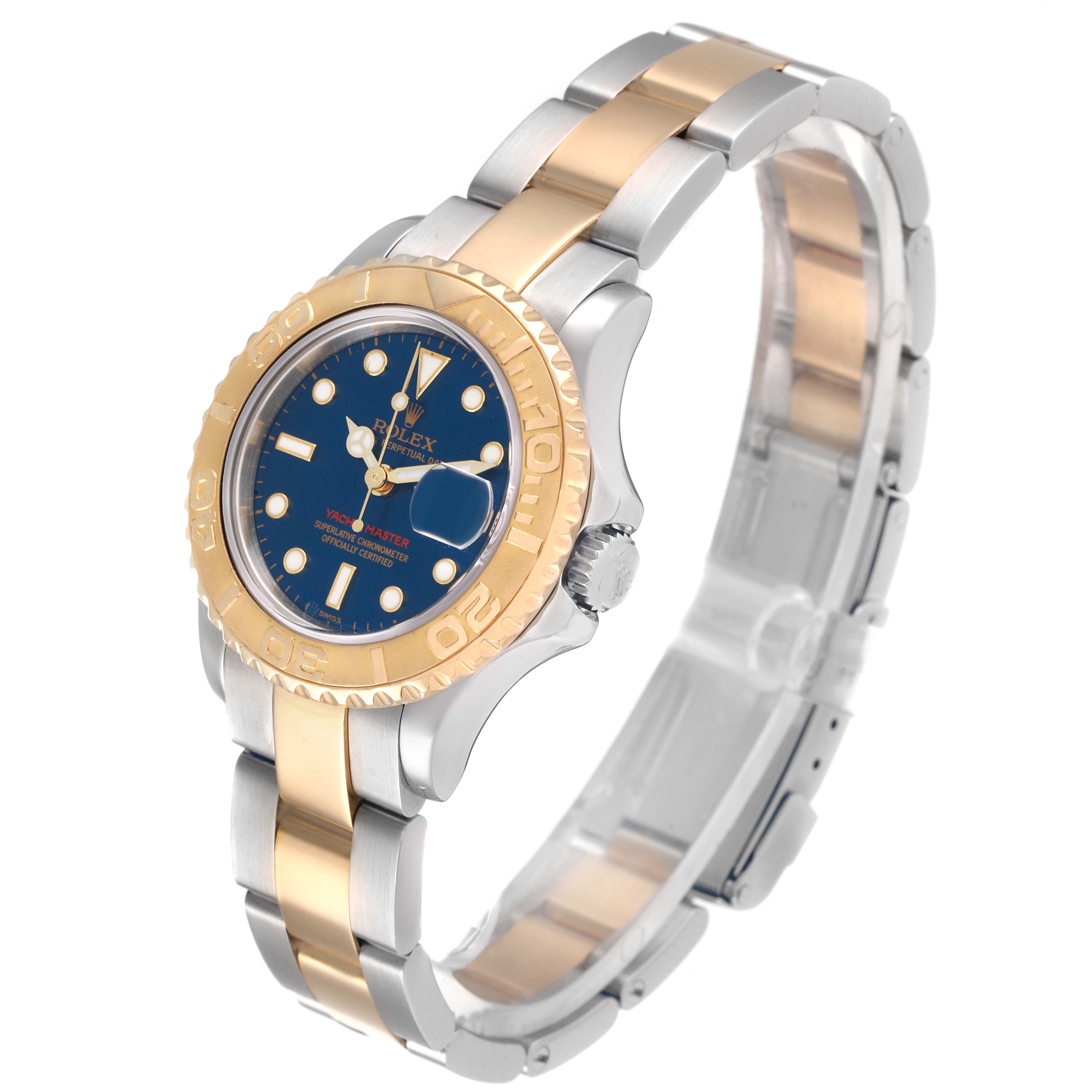 The image shows a Rolex Yacht-Master 169623 Women's Steel and Gold (two tone) Blue Dial 169623 Women's Steel and Gold (two tone) Blue Dial watch at a slight angle, highlighting the two-tone metal bracelet, bezel, and blue dial.
