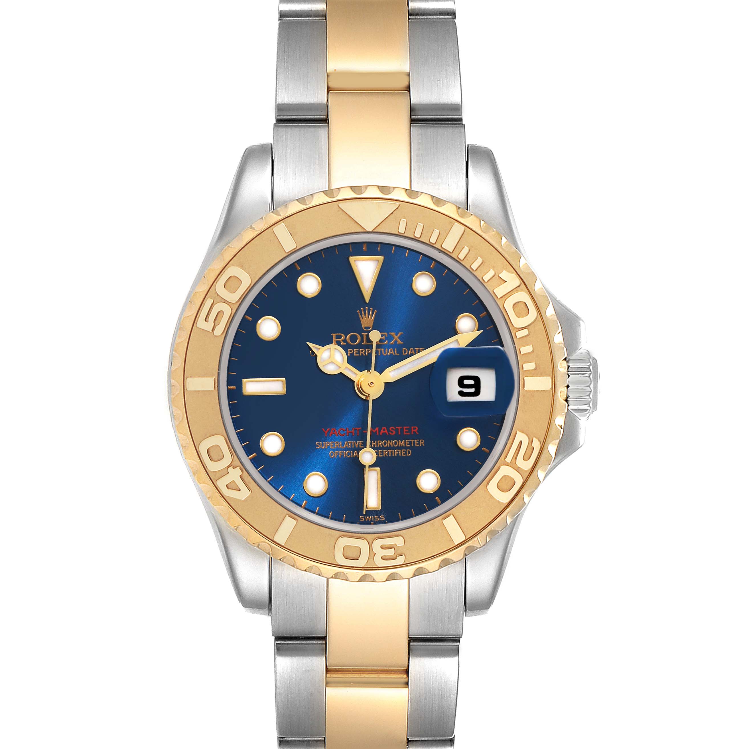 This image shows a front view of the Rolex Yacht-Master 169623 Women's Steel and Gold (two tone) Blue Dial 169623 Women's Steel and Gold (two tone) Blue Dial watch, highlighting the blue dial, gold bezel, and two-tone bracelet.